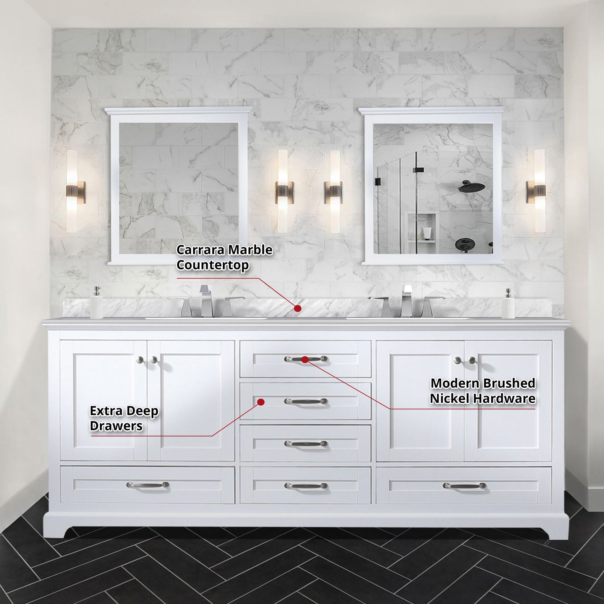 White Double Bath Vanity 80 In. W X 22 In. D, Carrara Marble Top, And Faucet Set White Plywood Wood