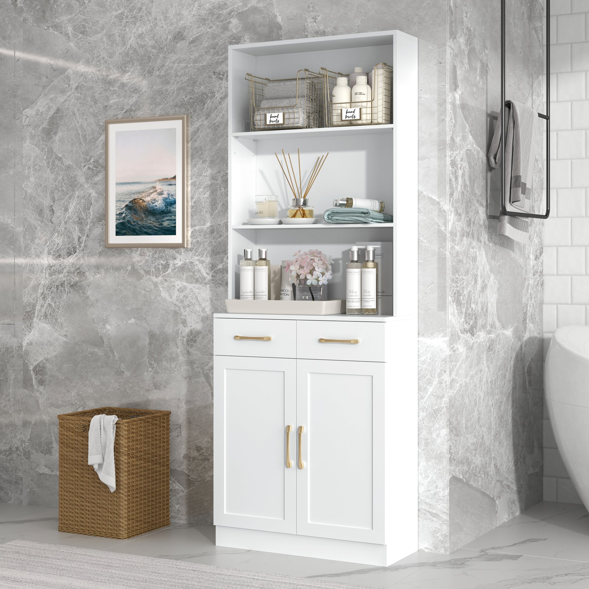 Bathroom Storage Cabinet, Cabinet With Two Doors And Drawers, Adjustable Shelf, Three Layer Open Shelf, Mdf Board, White White Mdf