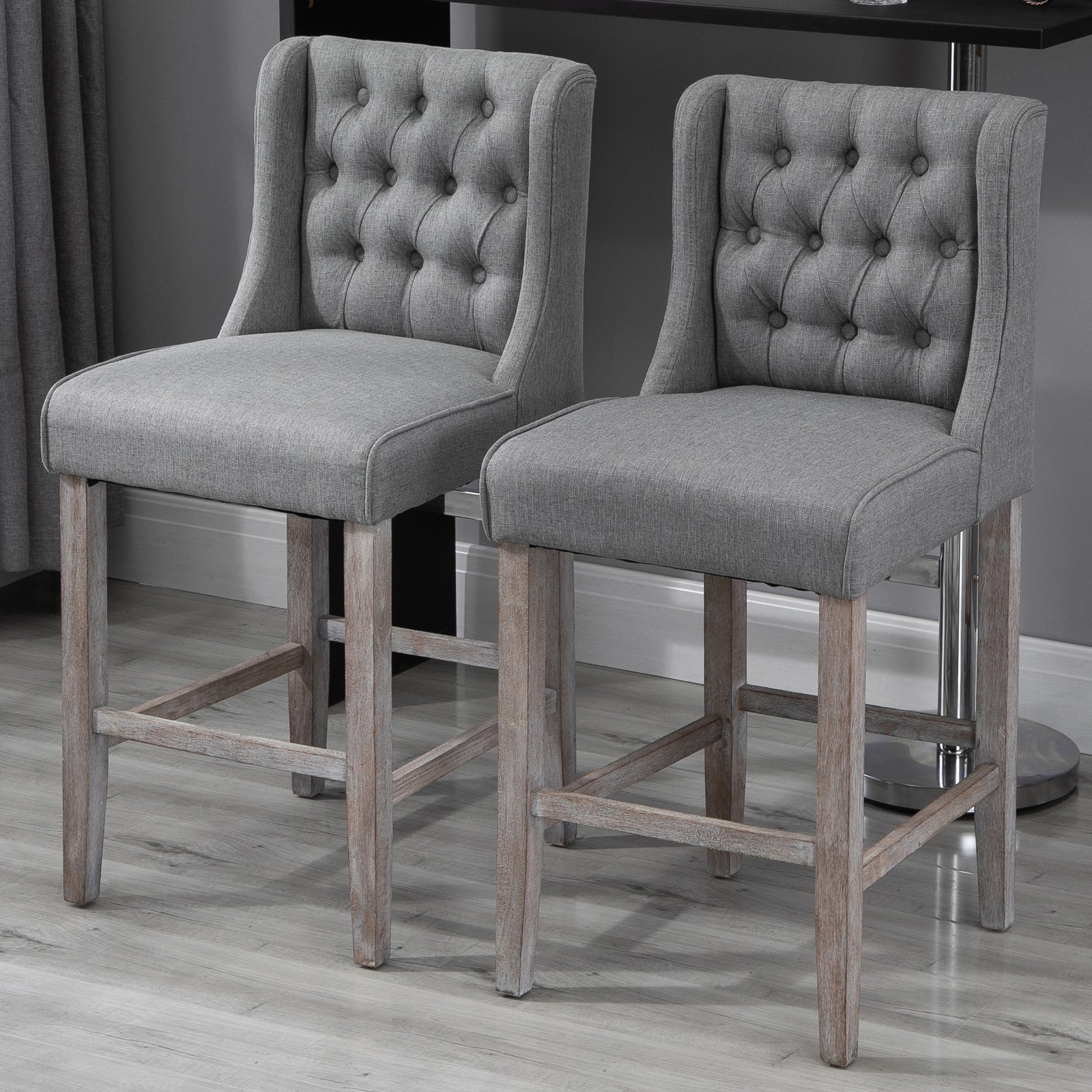 Homcom 26.25" Counter Height Bar Stools, Tufted Wingback Armless Upholstered Dining Chair With Rubber Wood Legs, Set Of 2, Gray Gray Wood