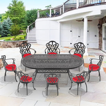 Cushions In Random Colors 9 Piece Set Of Cast Aluminum Patio Furniture With Cushions Yes Dining Set Black Seats 8 Rust Resistant Frame Water Resistant Cushion Garden & Outdoor Complete Patio Sets Aluminium