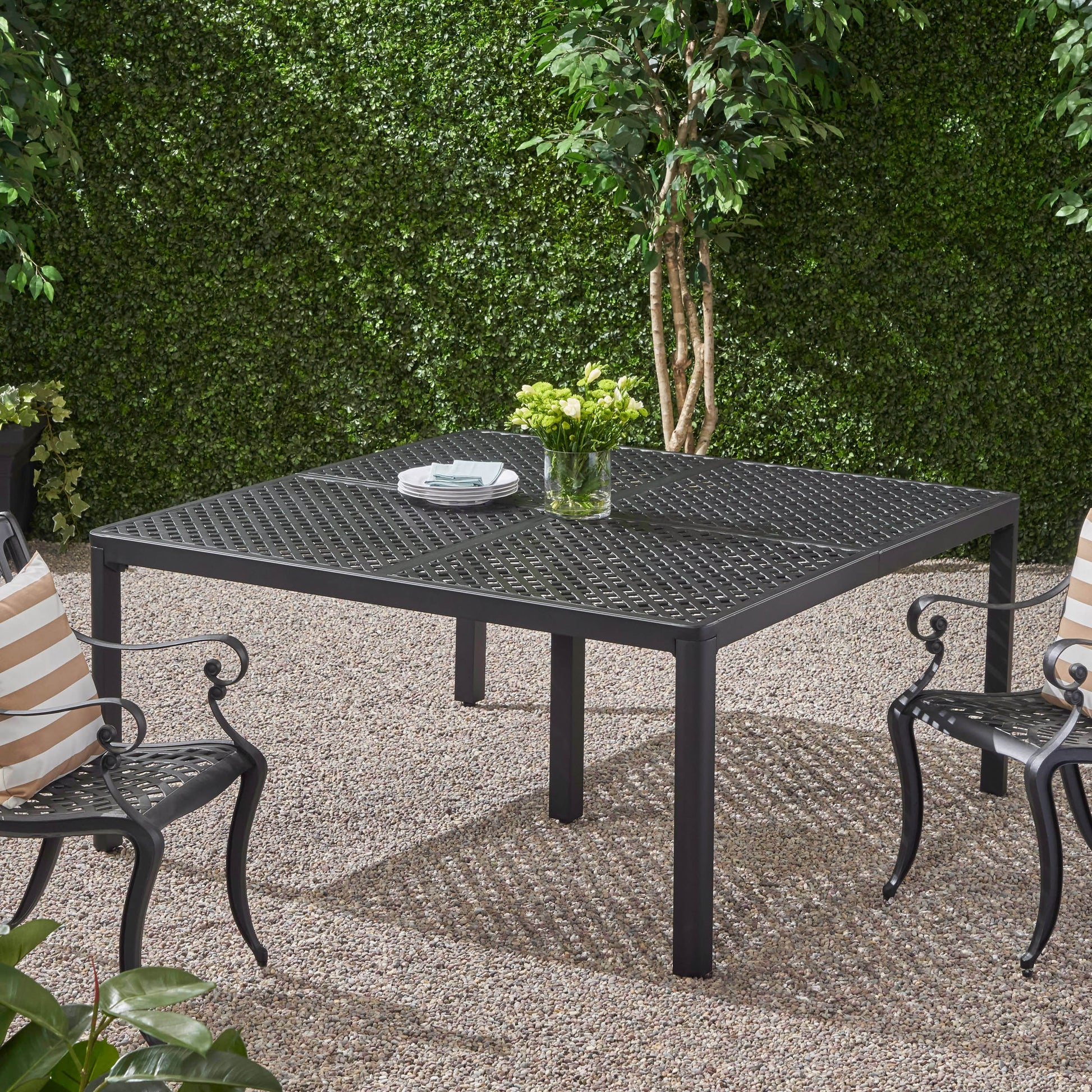 Outdoor Modern Aluminum Dining Table With Woven Accents, Antique Matte Black Black Aluminium