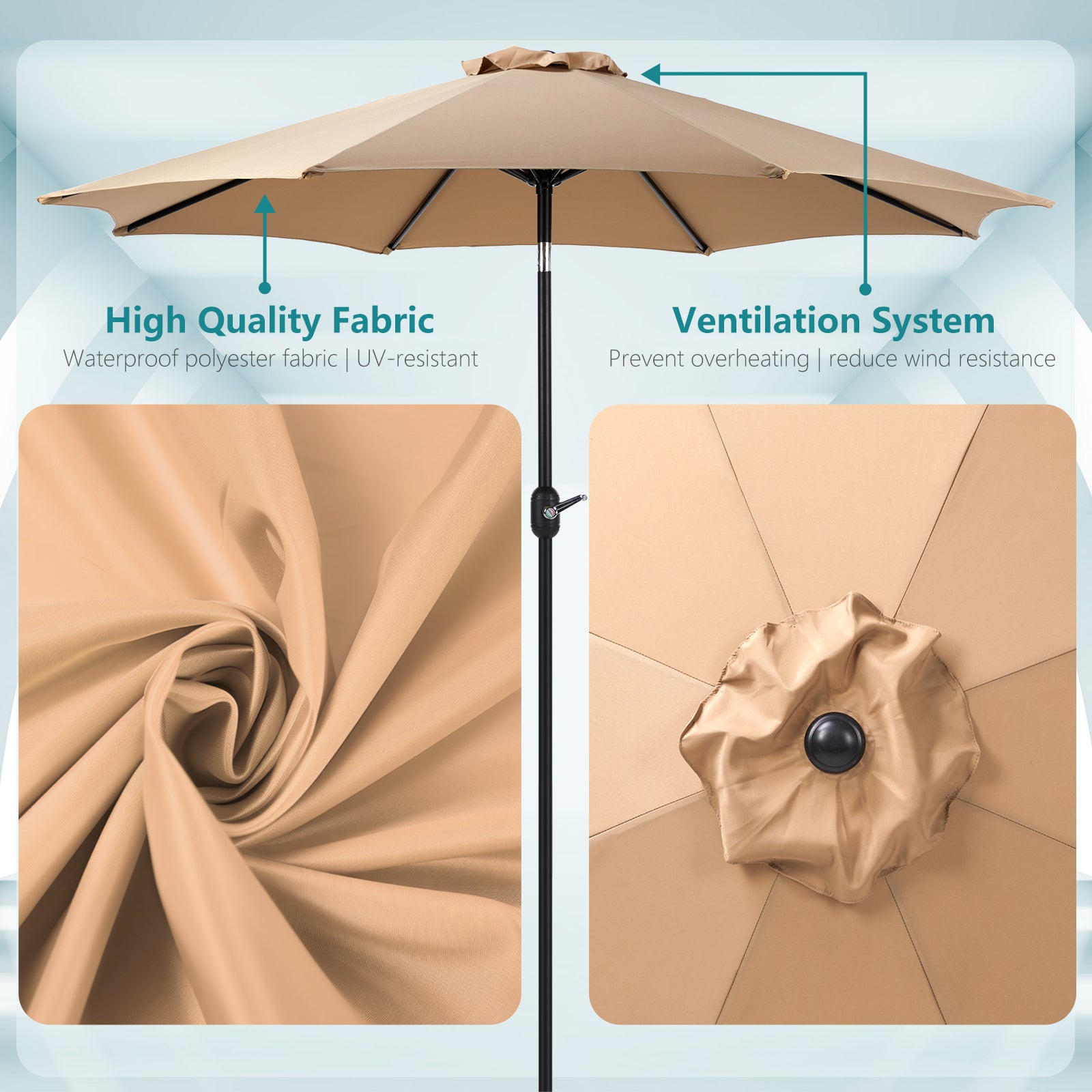 9 Foot Outdoor Patio Umbrella With Button Tilt And Crank, Outdoor Patio Market Table Umbrella Uv Protected And Waterproof, Khaki Khaki Polyester