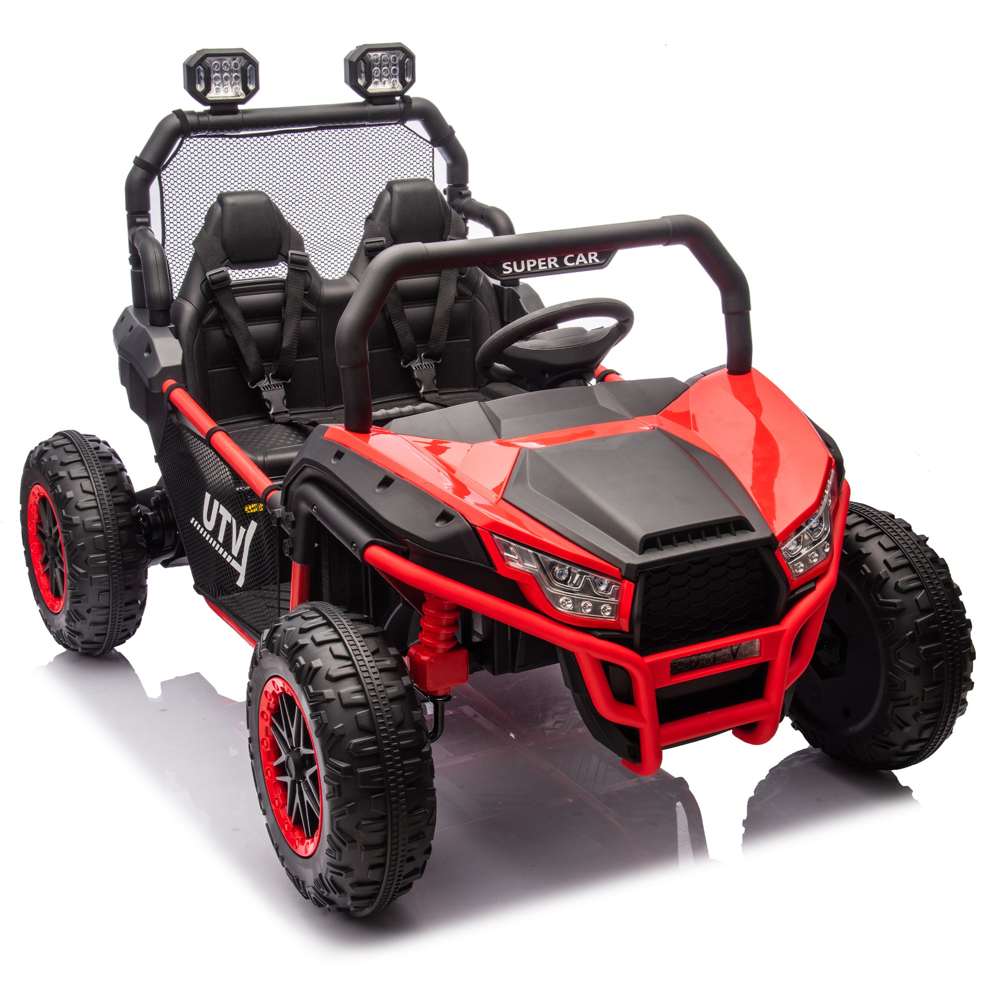 24V Two Seater Kids Ride On Utv W Parents Control,400W Super Power,Four Wheel Suspension,Led Light With Rear Searchlight,Bluetooth,Mp3,Music,Rear Storage Space,Speeds 3.73 4.97Mph For Kids Aged 3 . Red 50 99 Lbs Polypropylene