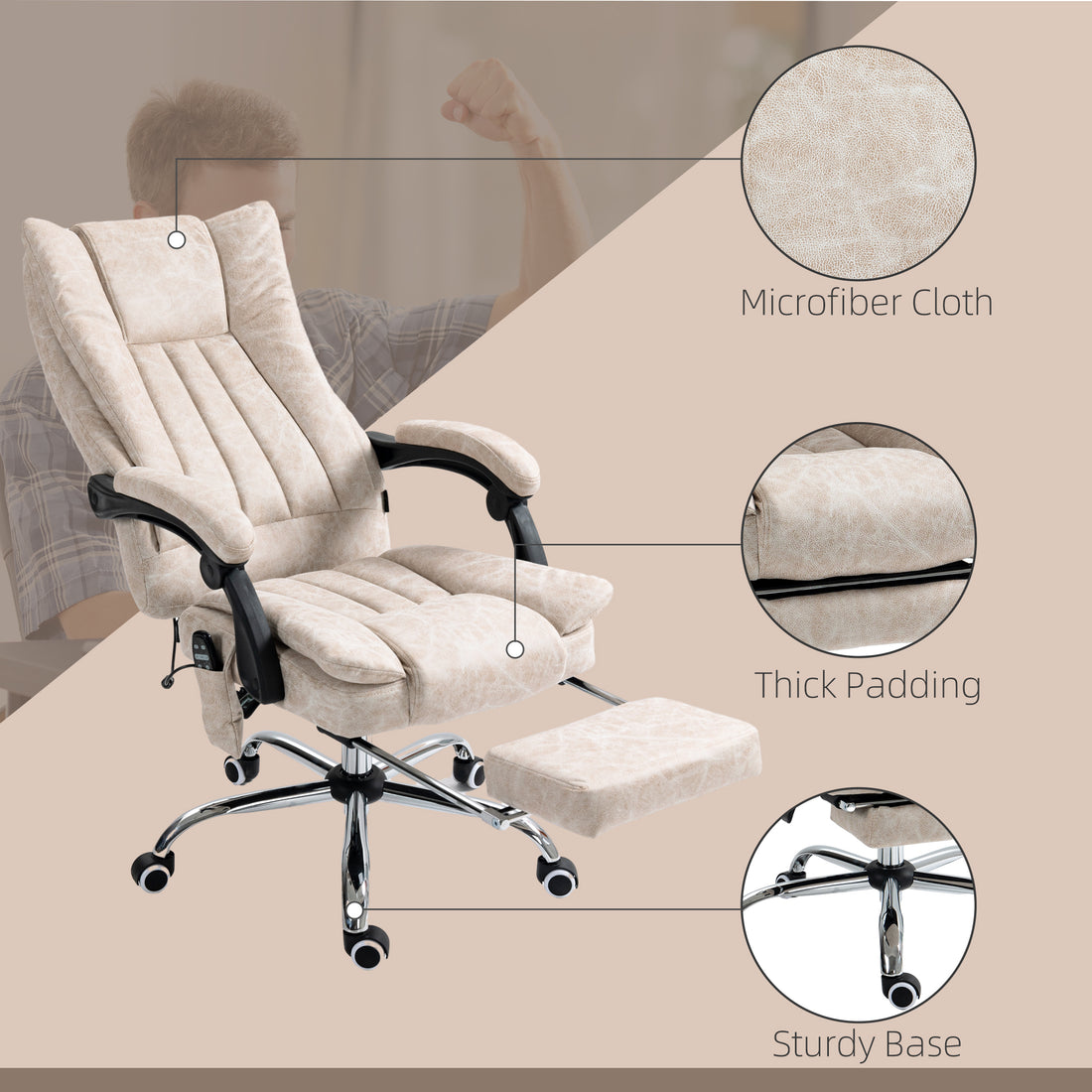 Vinsetto Microfiber Office Chair, High Back Computer Chair With 6 Point Massage, Heat, Adjustable Height And Retractable Footrest, Cream White Cream White Polyester