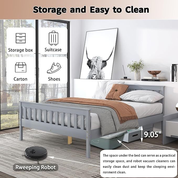 Queen Bed Frames With Headboard, Solid Wooden Platform Bed With Corner, Modern Low Profile Bed Frame, No Box Spring Needed, Grey Queen Grey Wood