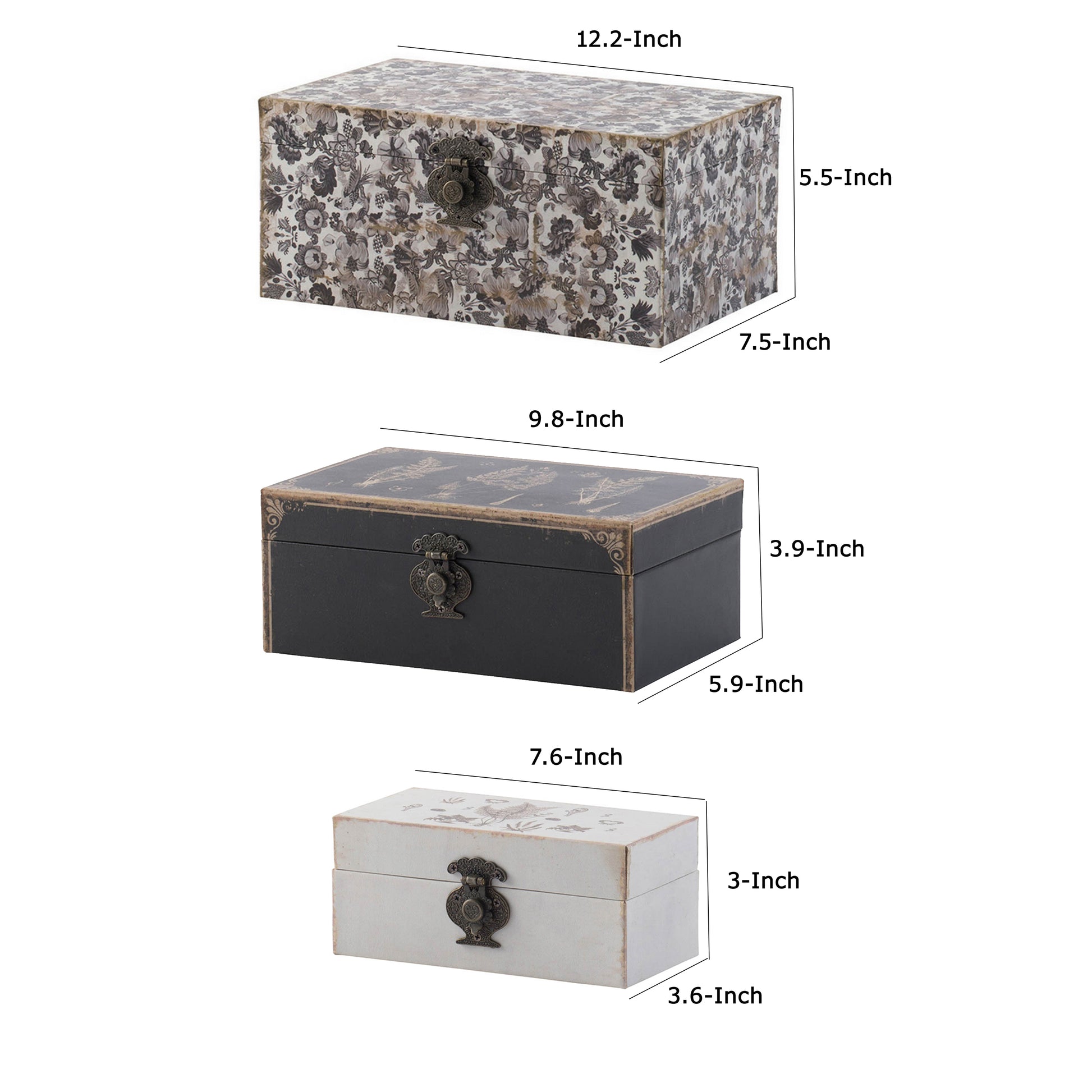 Set Of 3 Decorative Boxes, Mdf Frame, Black And Gray, Floral Printing Black Grey Mdf