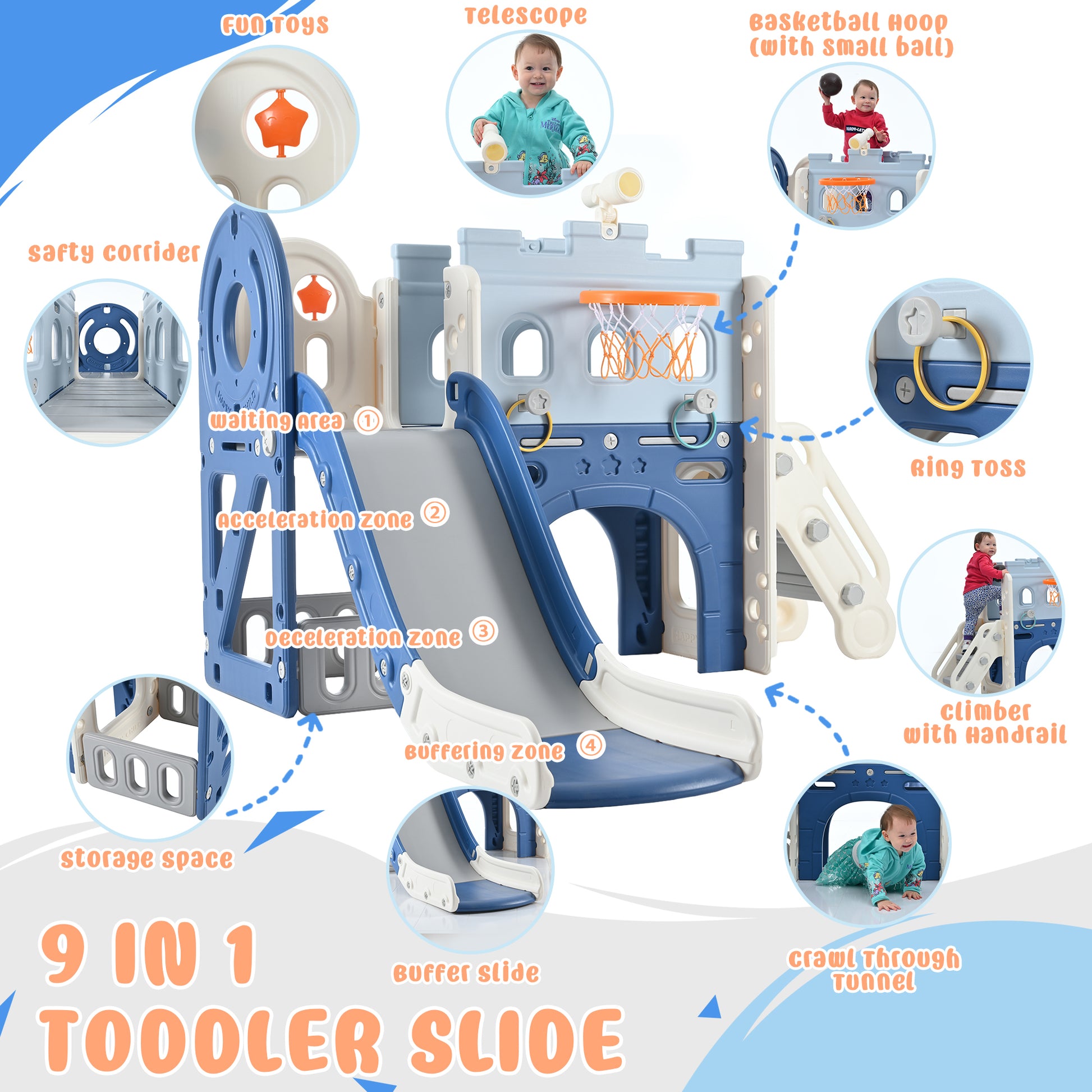 9 1 Toddler Slide Set,Kids Slide For Toddlers Ages 1 , Basketball Hoop, Tunnel And Storage Space, Pirate Themed Slide Indoor& Outdoor Blue 100 149 Lbs Cute 1 To 2 Years Hdpe Indoor & Outdoor Use