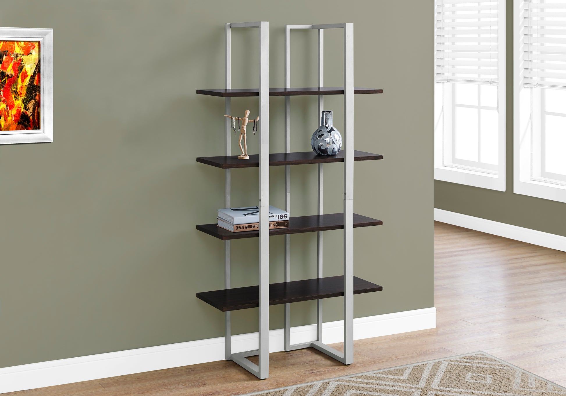 Bookshelf, Bookcase, Etagere, 4 Tier, 60"H, Office, Bedroom, Brown Laminate, Grey Metal, Contemporary, Modern Espresso Mdf