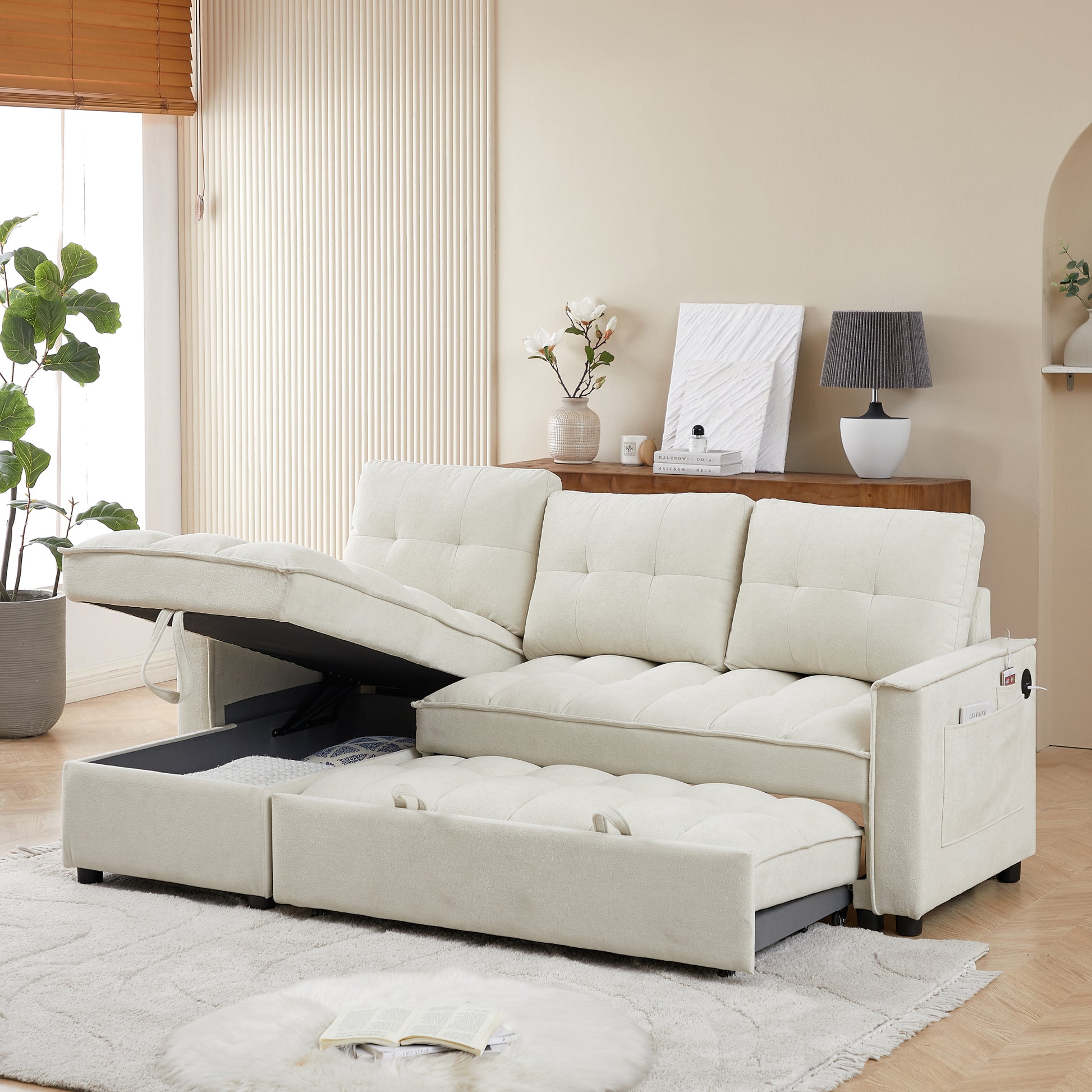 Mh 78.75" Reclining Sofa, Pull Out Sofa Bed With Usb And Tape C Charging Ports, L Shaped Sectional Sofa With Reclining Storage And Arm Side Organizer Pocket Features, Living Room Comfort Sofa Beige Chenille Wood Primary Living Space Eucalyptus Foam