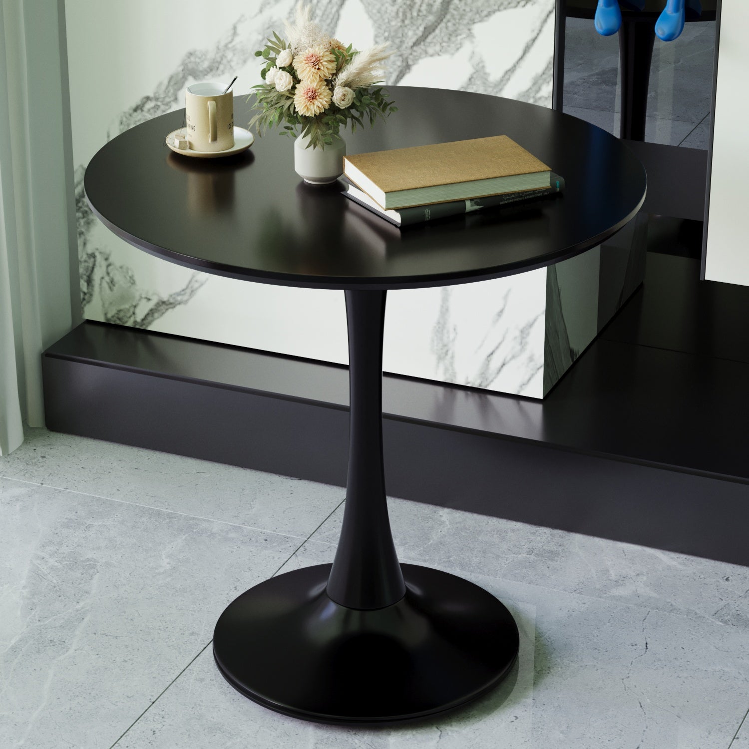 Black Round Dining Table, 31.5" Tulip Table Kitchen Dining Table 2 4 People With Mdf Table Top & Pedestal Base, Mid Century End Table Leisure Coffee Table Office Living Room Table Black Kitchen Round Mdf