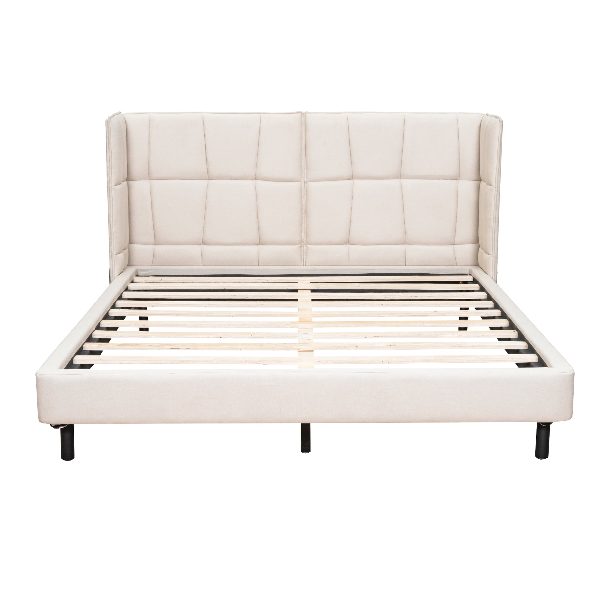 Queen Size Upholstered Platform Bed With Led Lights And U Shaped Headboard, Linen Fabric, Beige Queen Beige Wood Metal