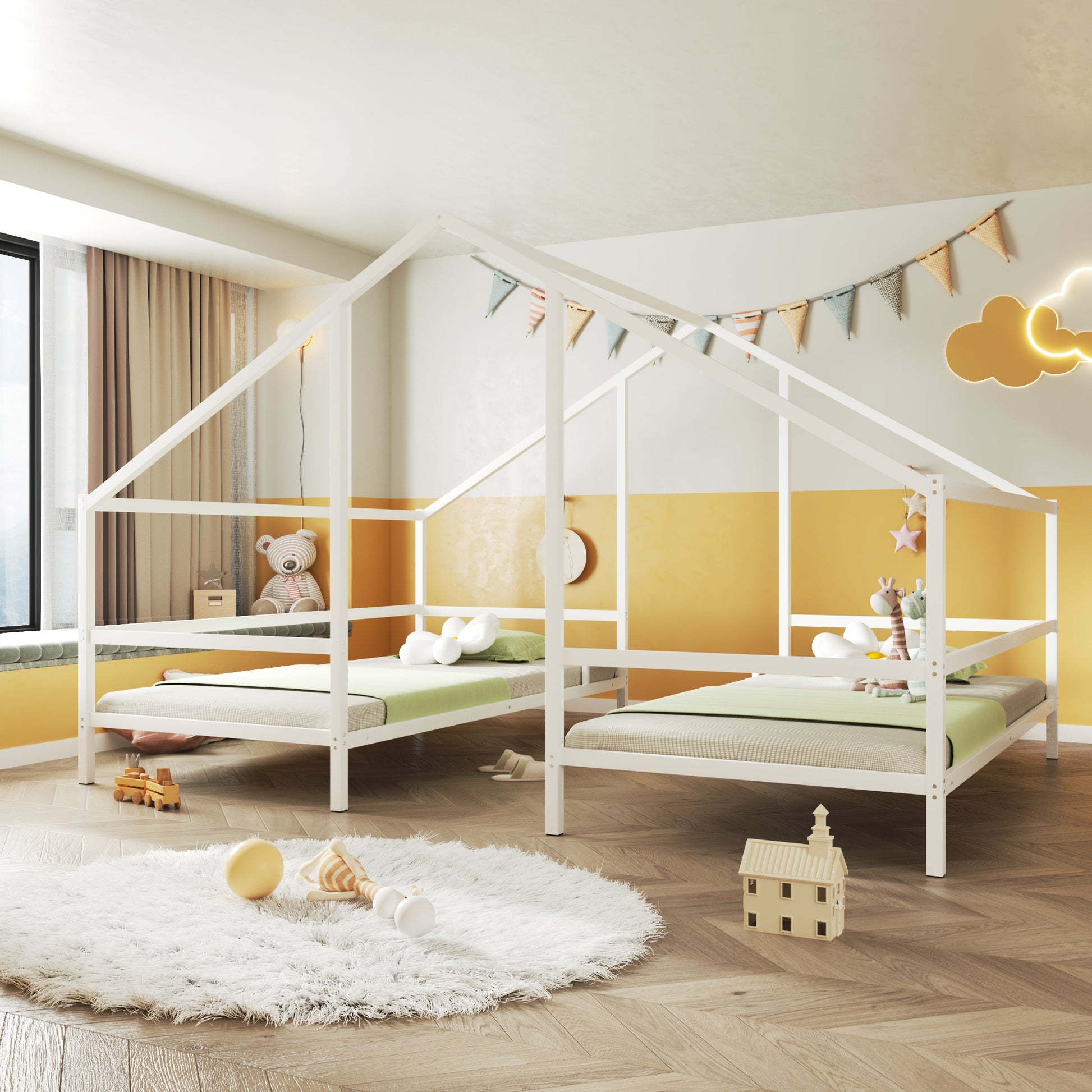Metal Double Twin Size Triangular House Beds With Built In Table, White Box Spring Not Required Twin White Metal Metal