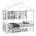 Twin House Bed With Roof Frame, Bedside Shelves, Under Bed Storage Unit,White Twin White American Design Pine