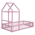 Wooden Floor Bed With Fence Railings And Detachable House Shape Headboard, Twin Size Bed With Kids Dress Up Rack, Kids Montessori Style Playhouse Frame For Girls Boys, Pink Twin Pink Wood