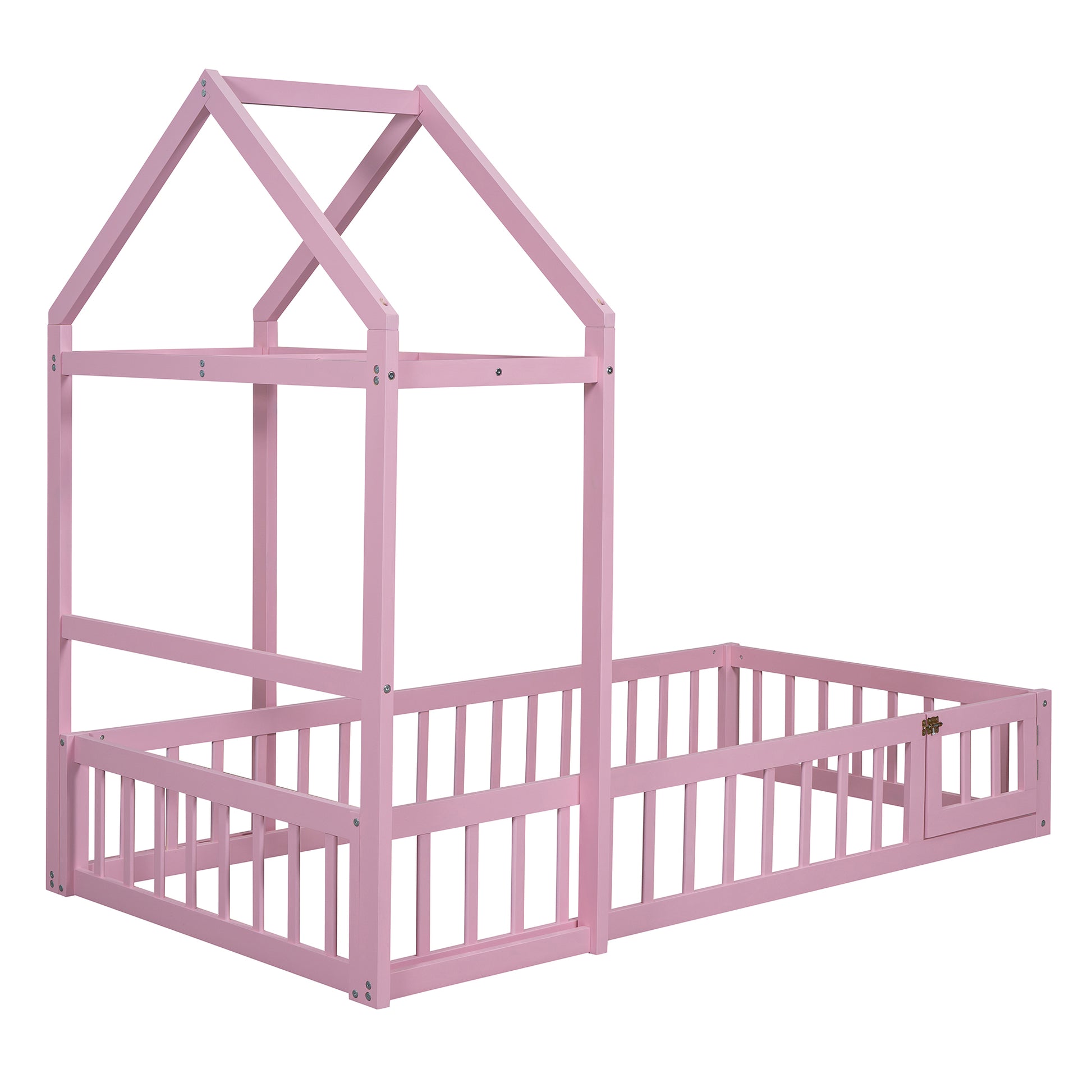 Wooden Floor Bed With Fence Railings And Detachable House Shape Headboard, Twin Size Bed With Kids Dress Up Rack, Kids Montessori Style Playhouse Frame For Girls Boys, Pink Twin Pink Wood