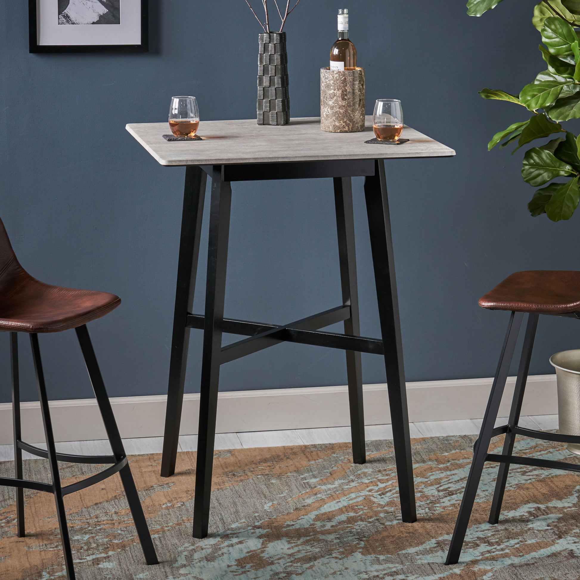 Modern Bar Height 42" Dining Table, Rubberwood Legs And Laminate Table Top, Gray Finish, Black Cement Grey Mdf