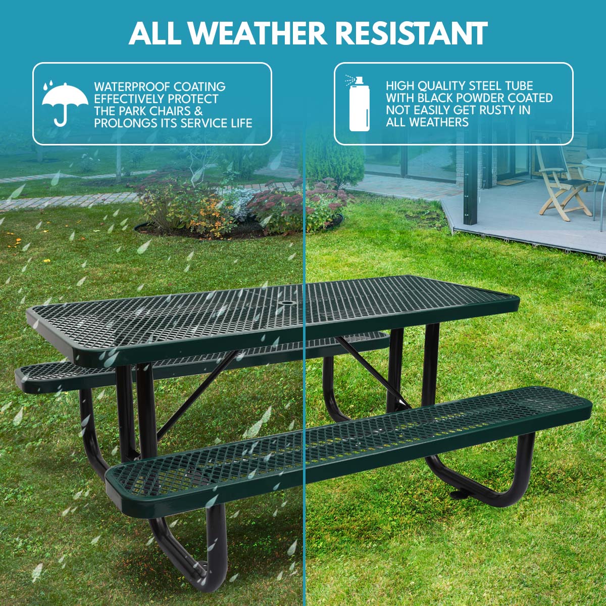 6 Ft. Rectangular Outdoor Steel Picnic Table With Umbrella Pole In Green Green Carbon Steel