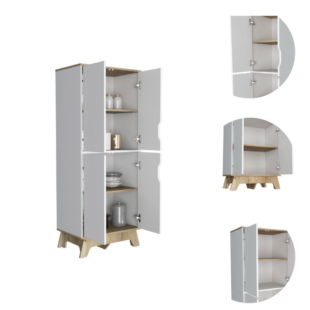 Multistorage Cabinet 59" H, Four Doors, Four Internal Shelves, Light Oak White Multicolor Particle Board Particle Board