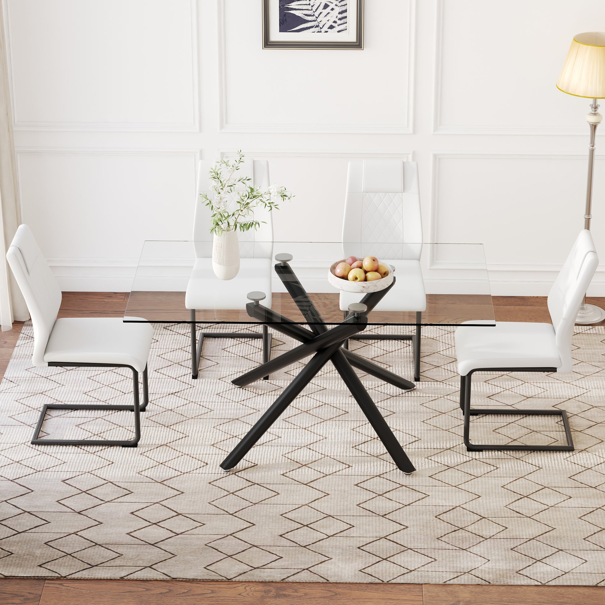 Table And Chair Set.Modern Rectangular Glass Dining Table With 0.39" Tempered Glass Tabletop And Black Metal Legs.Paired With Multiple Chairs Designed With Pu Cushions And Black Metal Legs. White Black Seats 4 Tempered Glass