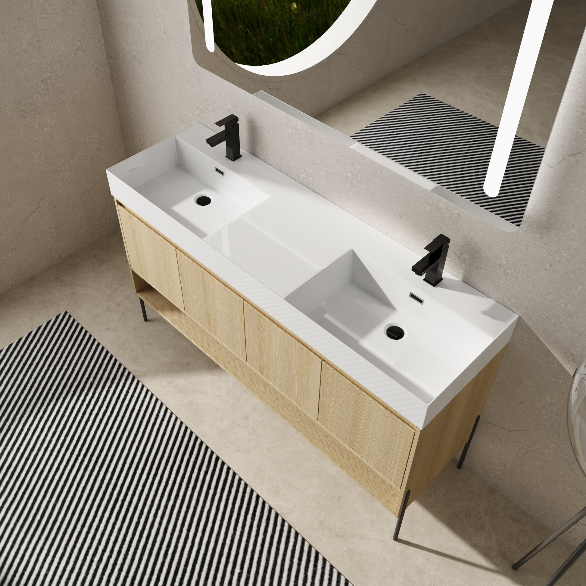 60" Bathroom Vanity Combo W Single Ceramic Sink, Modern Storage Cabinet Set 2 Door, Multilayer Solid Wood, Oak Oak Bathroom American Design Engineered Wood