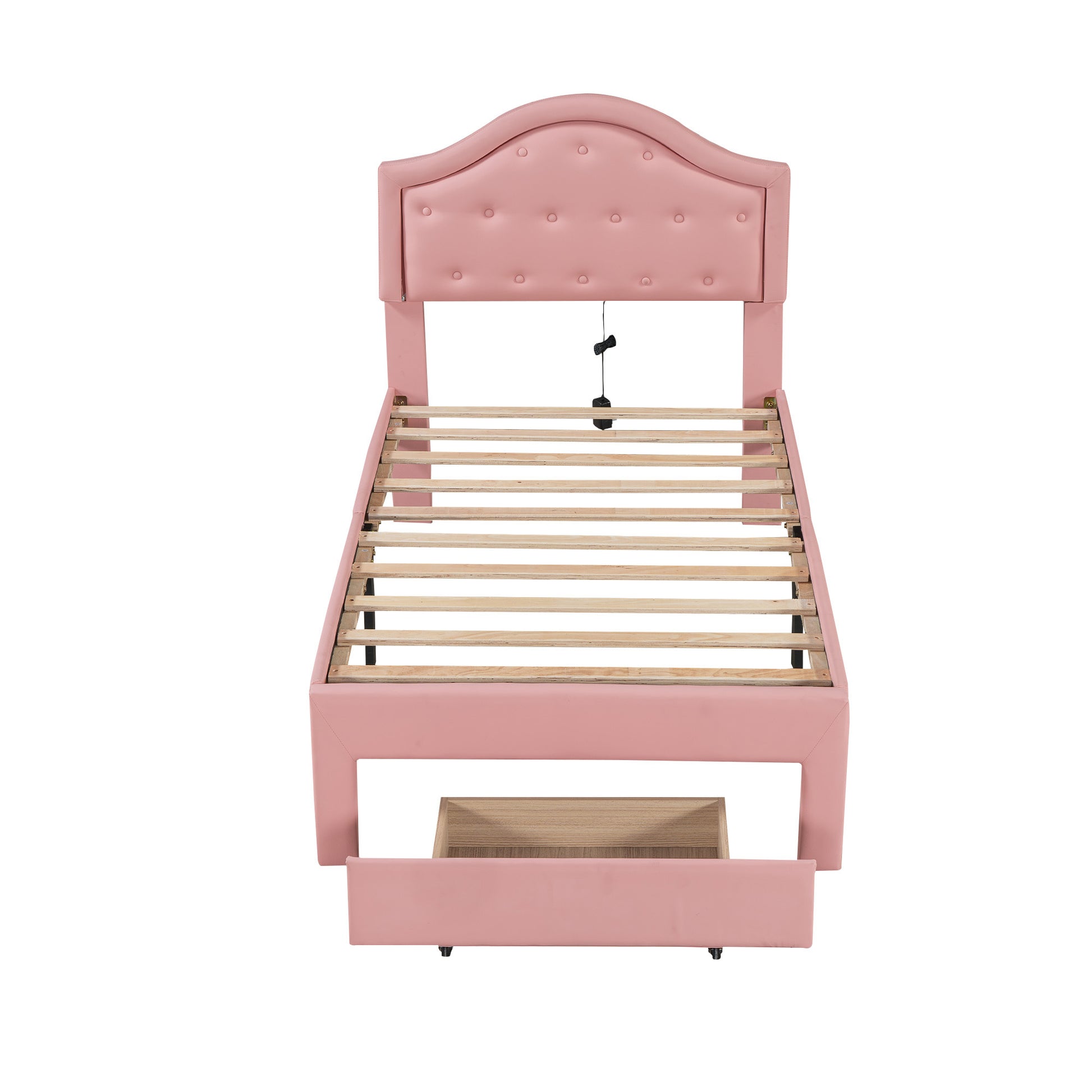 Twin Size Upholstered Platform Bed With Tufted Headboard, Led And A Drawer, Pink Box Spring Not Required Twin Pink Bedroom Faux Leather Upholstered