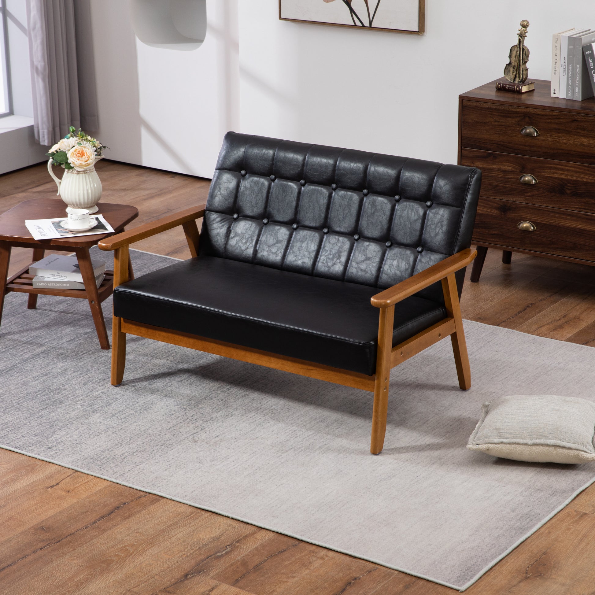 Coolmore Mid Century Modern Solid Loveseat Sofa Upholstered Pu Leather Loveseat, 2 Seat Upholstered Loveseat Sofa Modern Couch Black Pu Pu Leather 2 Seat