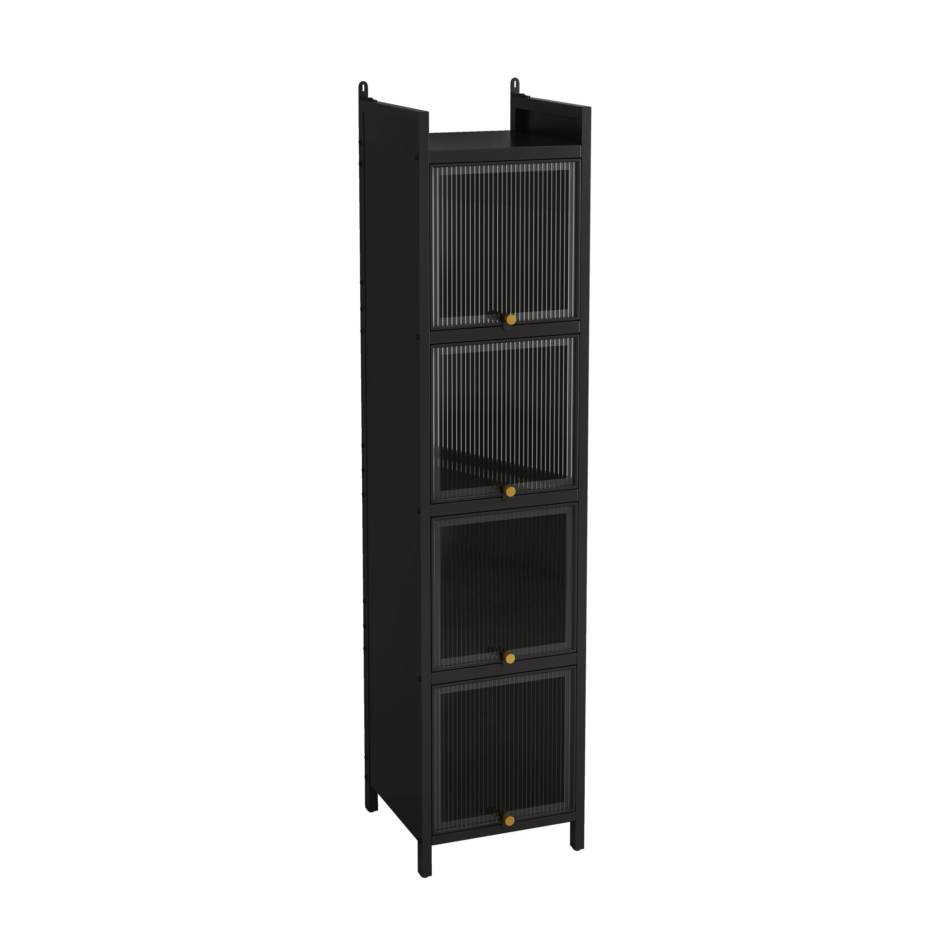 Modern Four Tier Glass Door Cabinet With Featuring Five Tier Storage, For Entryway Living Room Bathroom Dining Room,Black Black Glass,Iron