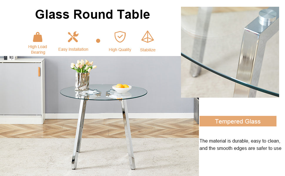 Modern Luxurious Round Tempered Glass Dining Table With Silver 7 Shaped Metal Legs,Suitable For Family Meals, Office Conferences, Or As A Casual Coffee Table For Various Occasions.36*36*29.5 Silver