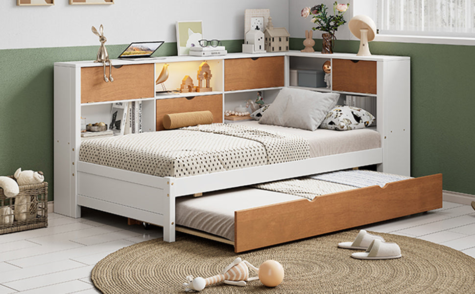 L Shaped Bed Frame With Trundle And And Bookcase,Corner Bed Wooden Captain Bed With Led Downlight And Usb Port For Small Room,Bedroom, Guest Room, Twin Size, Walnut And White Box Spring Not Required Twin White Walnut Wood Bedroom Modern Pine Bed Frame
