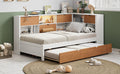 L Shaped Bed Frame With Trundle And And Bookcase,Corner Bed Wooden Captain Bed With Led Downlight And Usb Port For Small Room,Bedroom, Guest Room, Twin Size, Walnut And White Box Spring Not Required Twin White Walnut Wood Bedroom Modern Pine Bed Frame