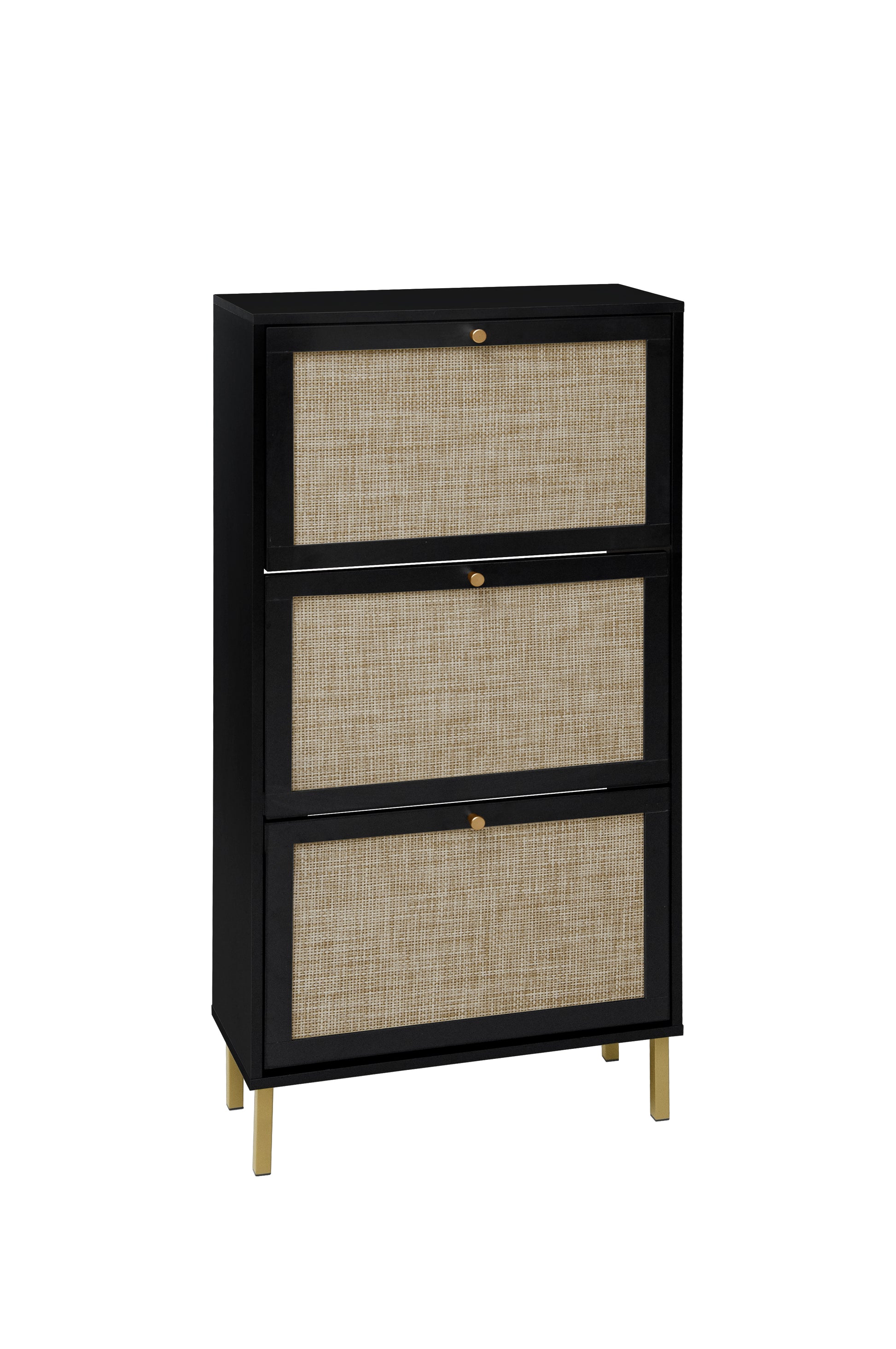 Rattan 3 Door Shoe Rack, Freestanding Modern Shoe Storage Cabinet, For Entryway Black Particle Board