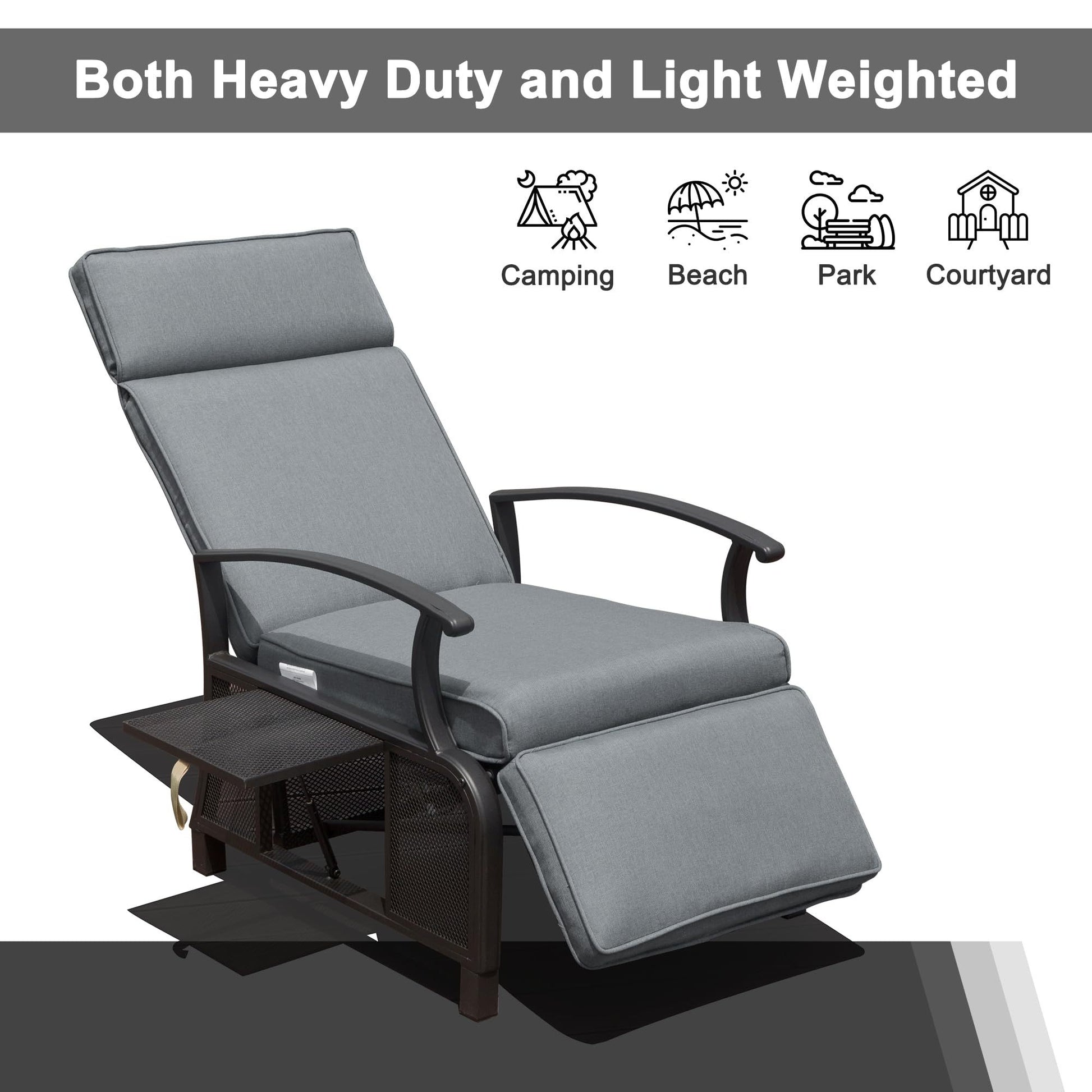 Adjustable Patio Recliner Chair Metal Outdoor Lounge Chair With Flip Table Push Back, Adjustable Angle, 6.8'' Removable Cushions, Support 350Lbs,Gray Yes Gray Garden & Outdoor Metal