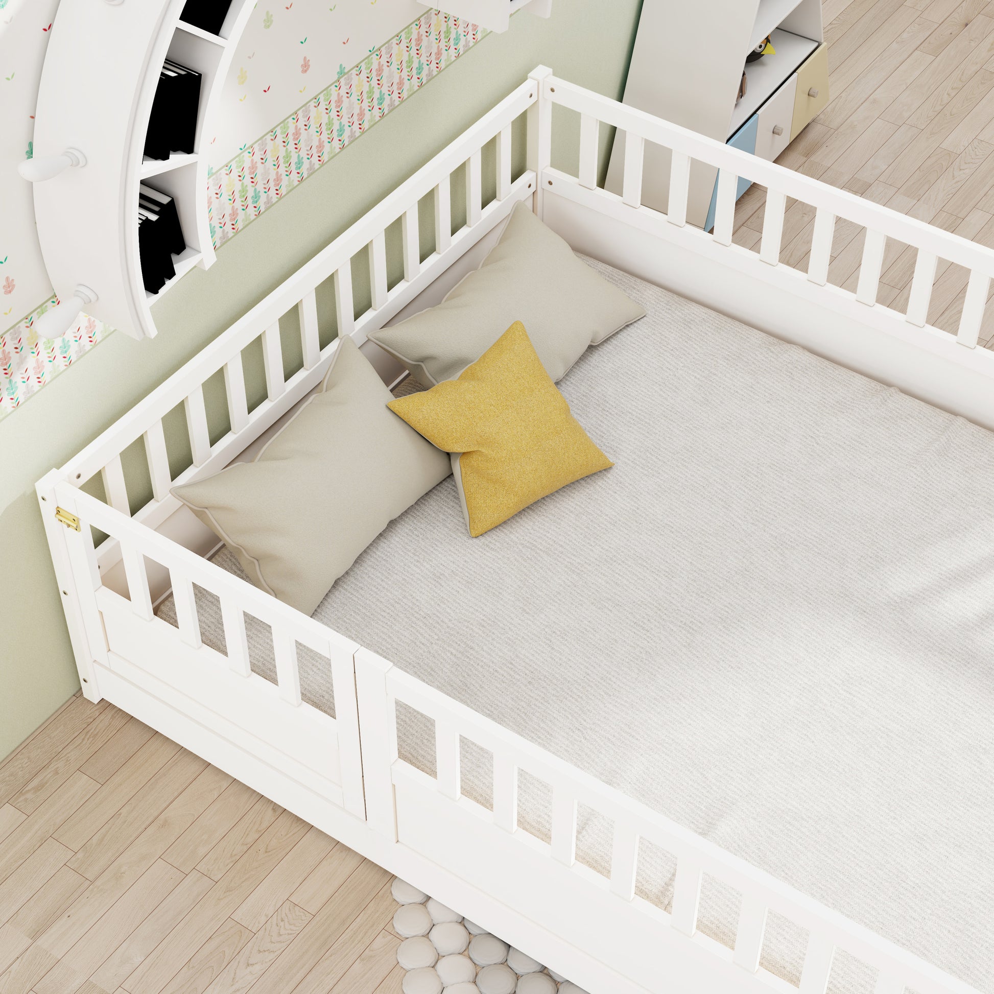 Full Size Floor Bed, Integral Construction With Super High Security Barrier, Door, Children'S Floor Bed Frame, Montessori Wooden Children'S Floor Bed, Support Slat White Box Spring Required Full White Wood Brown Bedroom American Design,Artsy Pine Bed