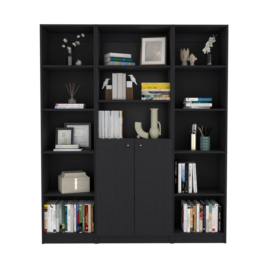 June 3 Piece Home Bookcase Set, 60" Wide With 13 Shelves And Two Door Cabinetliving Room Set Set Black Black Particle Board