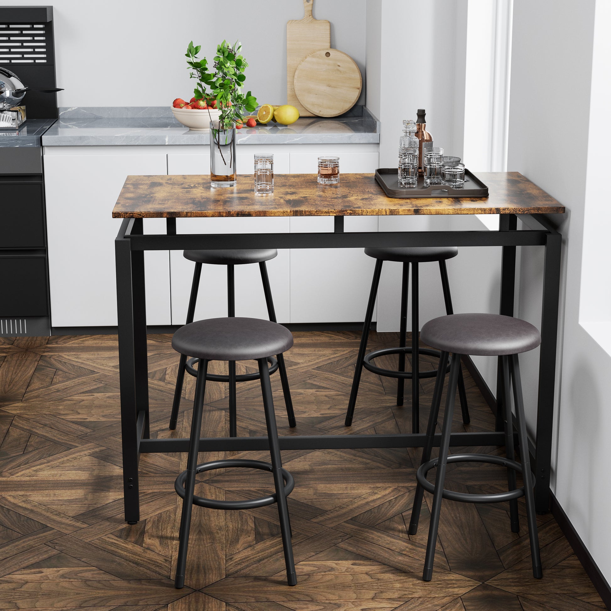 5 Piece Kitchen Counter Height Table Set, Bar Table With 4 Stools Brown Seats 4 Mdf