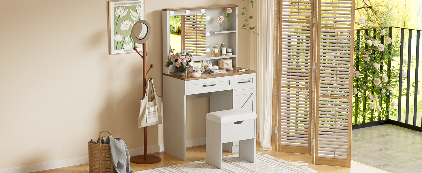 Farmhouse Makeup Vanity Desk With Mirror And Lights, 3 Lighting Modes, Vanity Set With Stool, Dressing Table With Adjustable Shelves,2 Drawers And Side Cabinet For Bedroom, White Brown White Bedroom