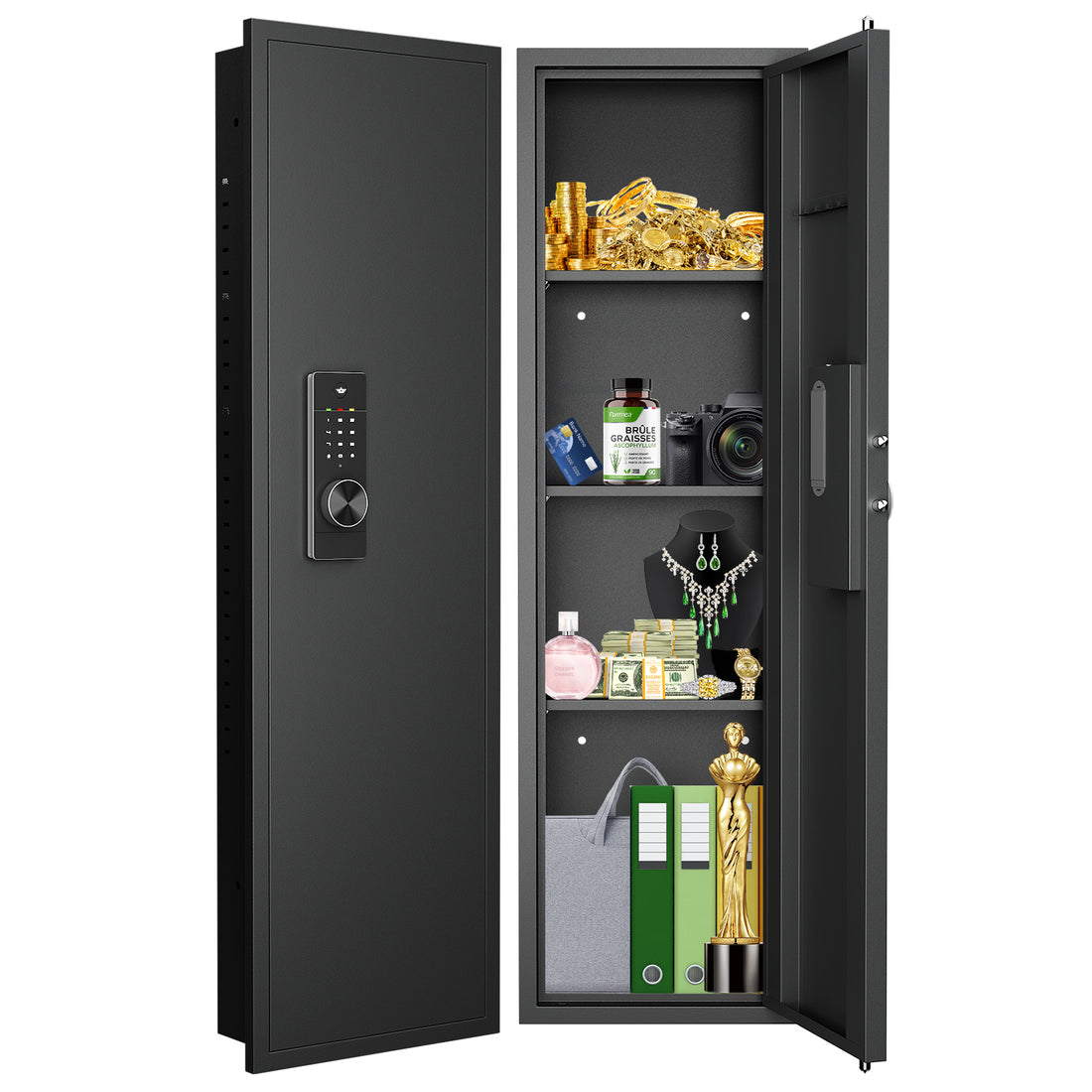 53" Passwod Touch Panel In Wall Safe,Hidden Wall Safe For Rifles With Adjustable Shelves,Assembled Storage Multifunctional Wall Safe For Firearm And Valuables Black Digital Black Steel