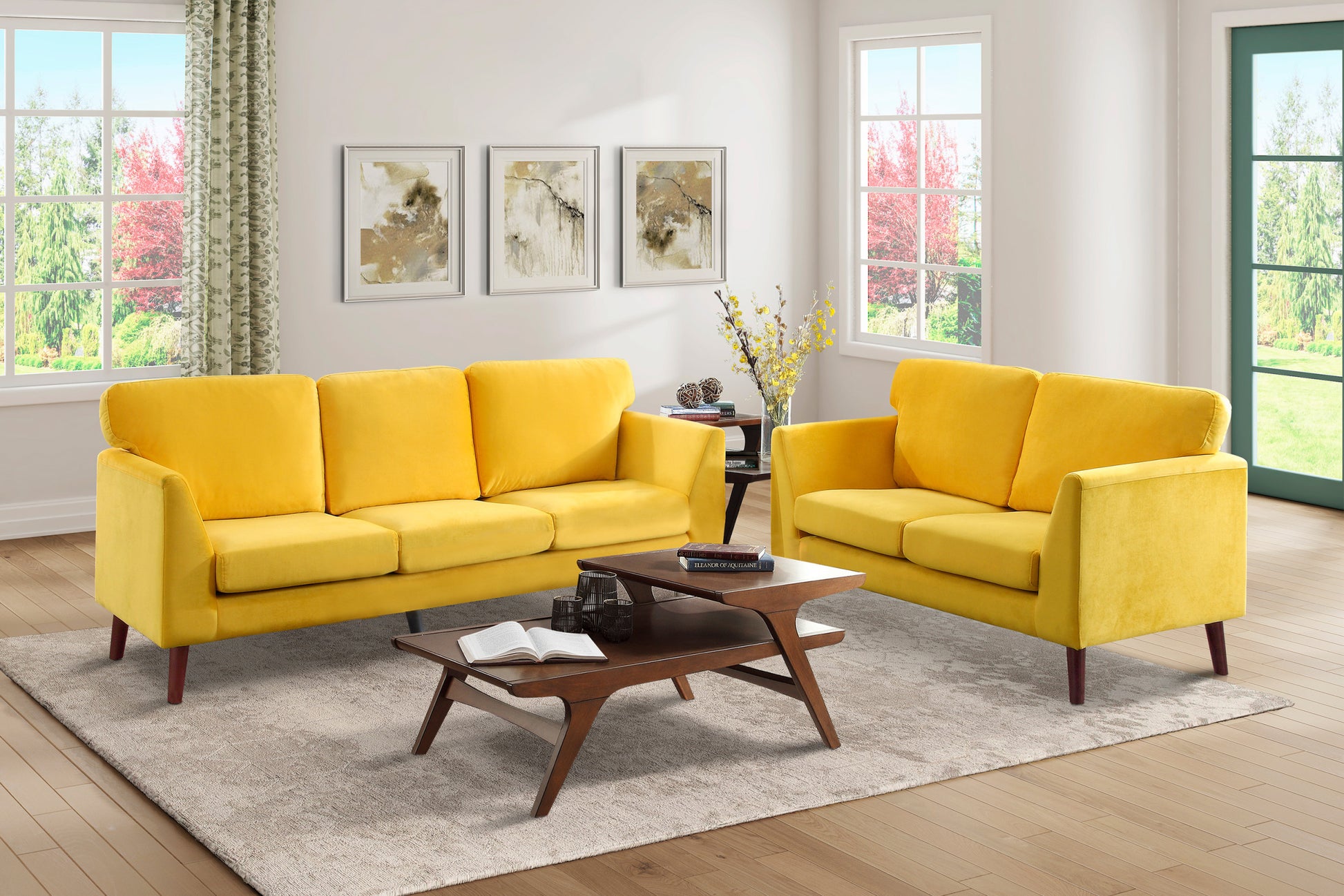 Modern Contemporary Living Room 1Pc Loveseat Yellow Velvet Upholstery Dark Brown Legs Solid Wood Furniture Yellow Velvet Wood Primary Living Space Modern Solid Wood