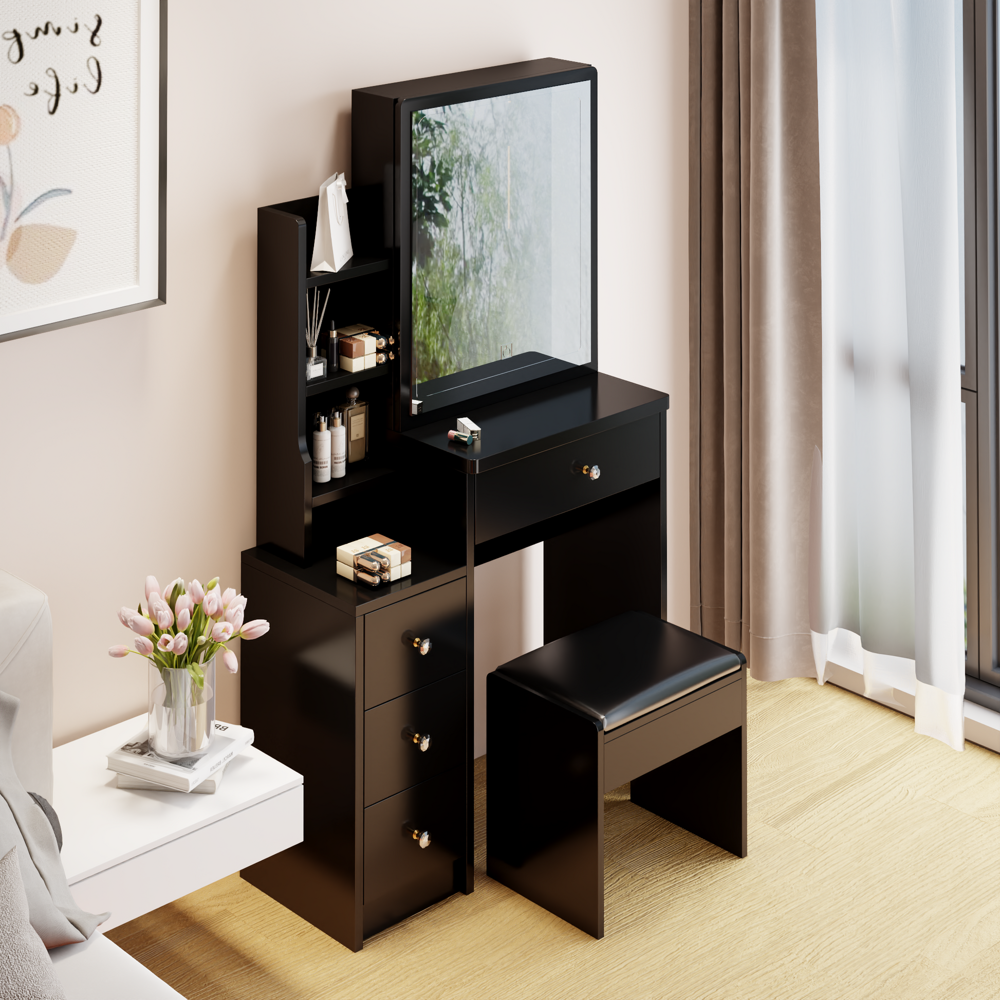 Small Space Left Bedside Cabinet Vanity Table Cushioned Stool, Extra Large Right Sliding Mirror, Multi Layer High Capacity Storage, Practical Fashionable Dresser, Suitable For Girls Up To 5.6Ft Tall Black American Design Mdf