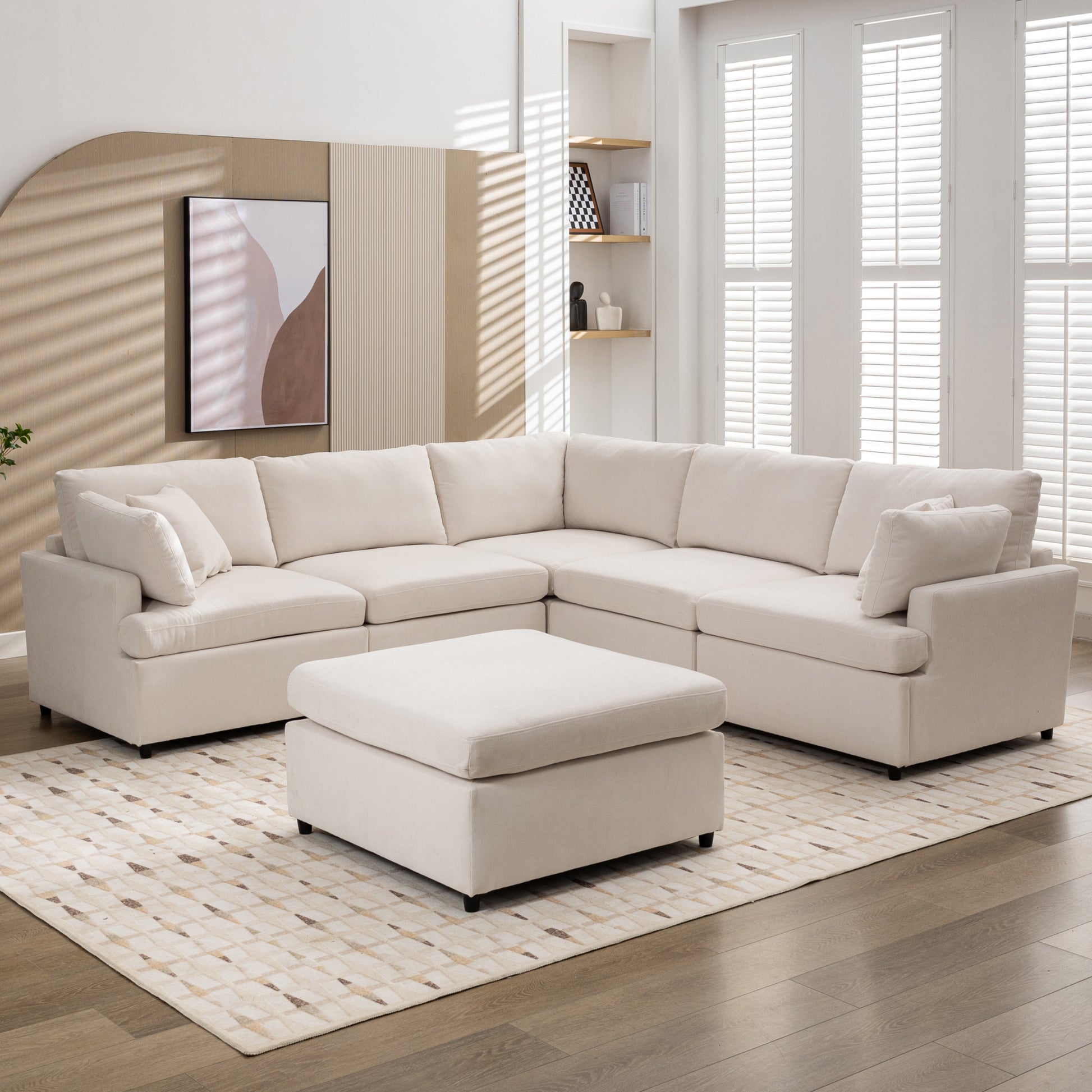 Modern Large U Shape Sectional Sofa, With Removable Ottomans For Living Room 6 Seater Beige Polyester 6 Seat