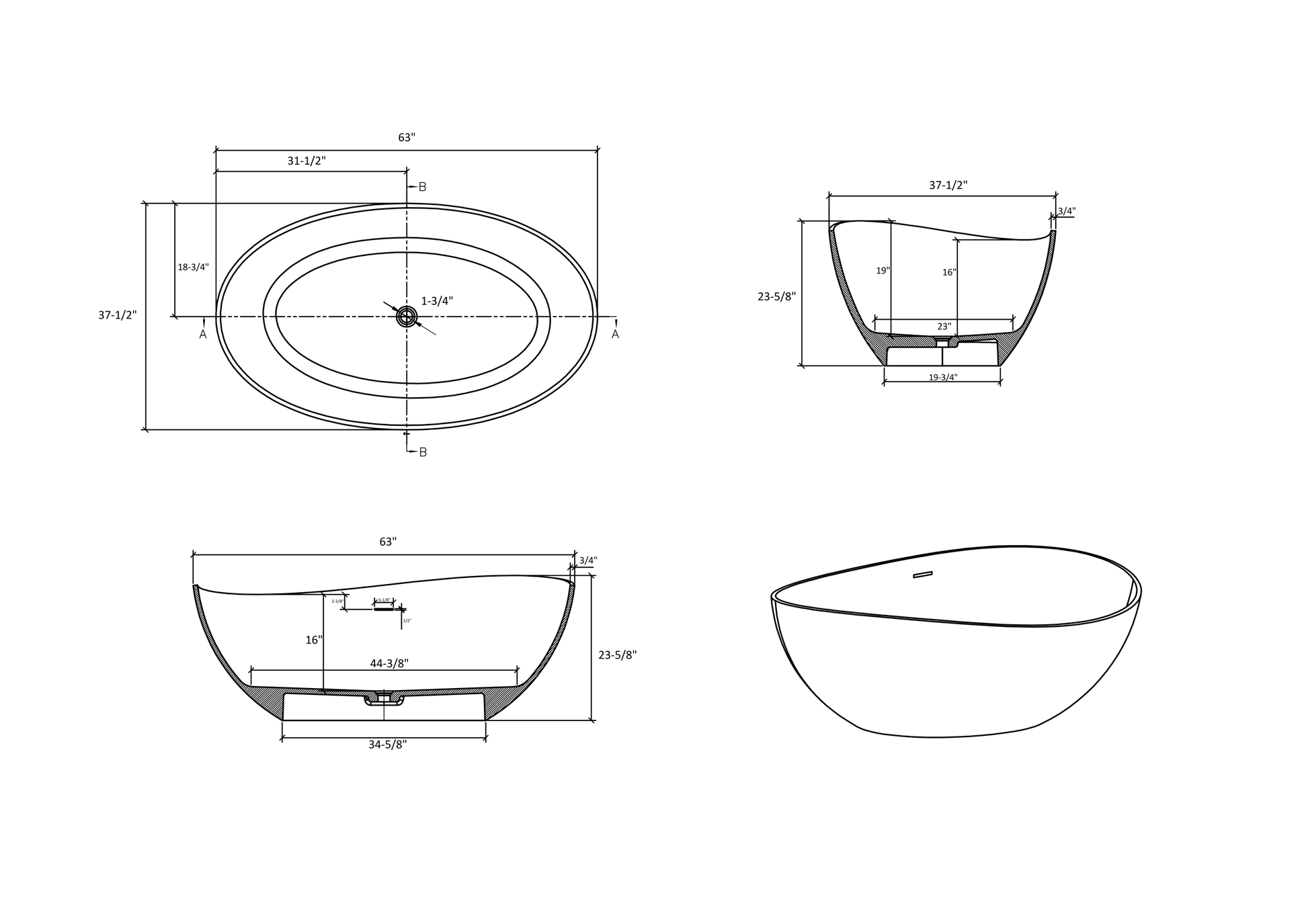 Luxury Handcrafted Stone Resin Freestanding Soaking Bathtub With Overflow In Matte White, Cupc Certified 24S05 63Mw Matte White Bathroom Freestanding Tubs Soaking Center Solid Surface