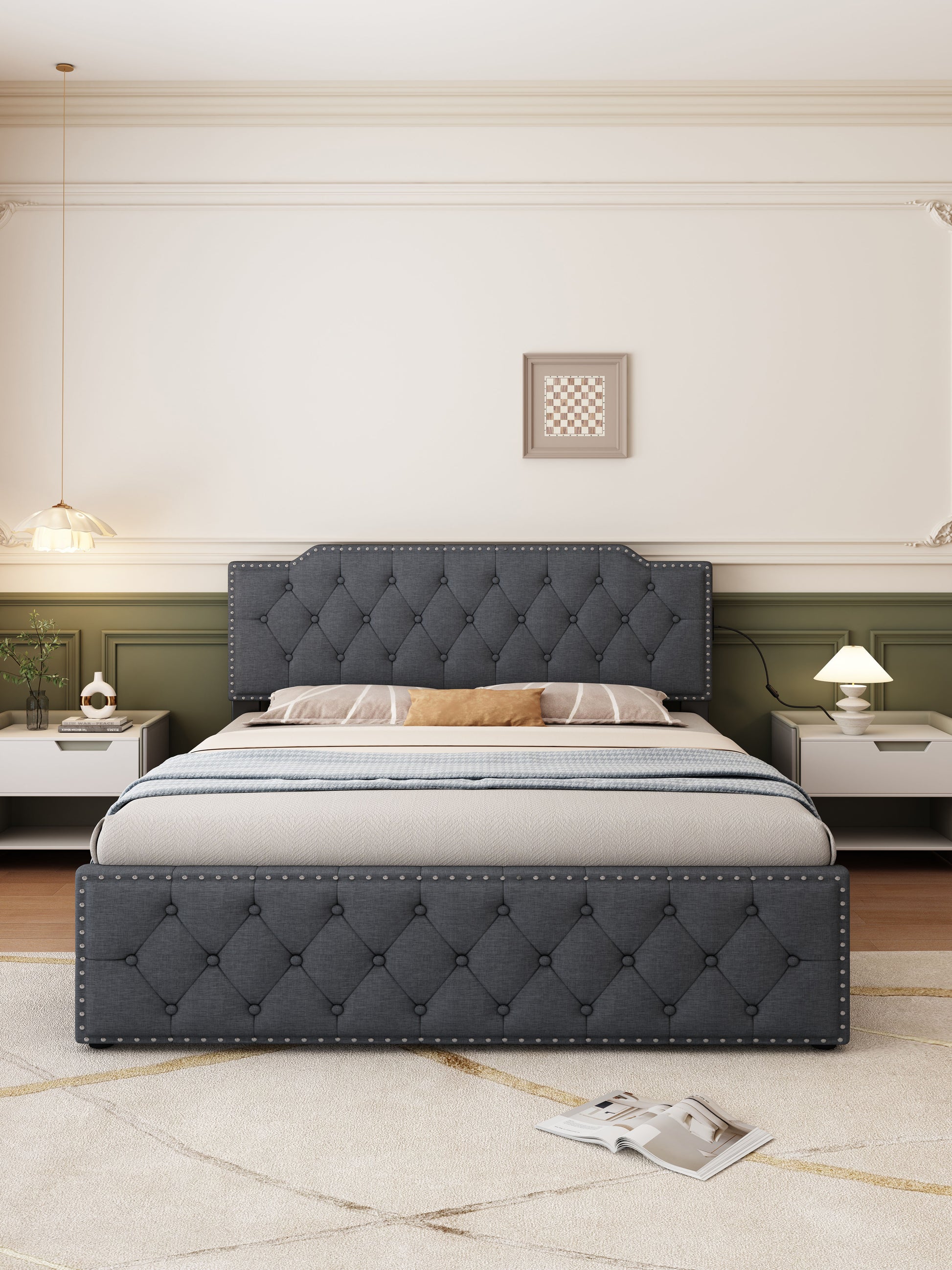 Queen Size Upholstered Platform Bed With Twin Size Trundle And Usb Portsdecorate With Copper Nails,Linen Fabric, Dark Grey Queen Dark Gray Composite Linen Fabric