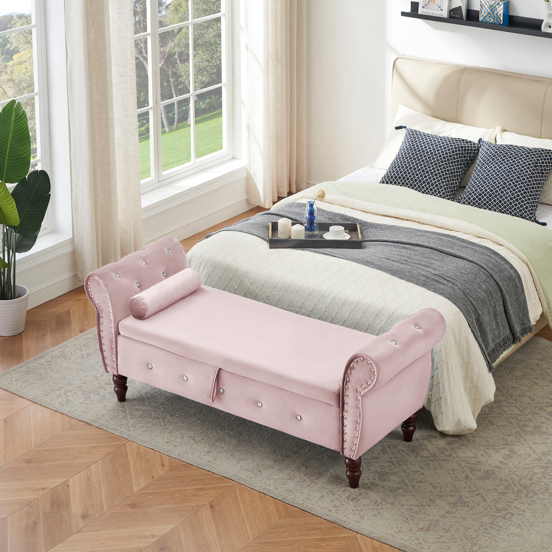 63.38"Velvet Multifunctional Storage Rectangular Ottoman Bench Comes With Crystal Buckle Solid Wood Legs With 1 Pillow,Pink Pink Velvet