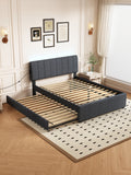 Full Size Upholstered Platform Bed With Twin Size Trundle And 1 Sets Of Usbwith Remote Control Intelligence Led Lights With App,Linen Fabric, Dark Grey Full Dark Gray Composite Linen Fabric