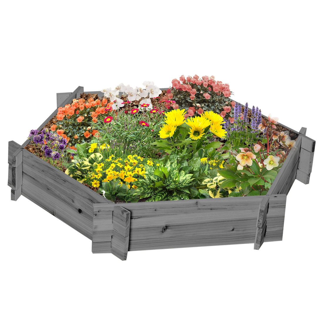 Outsunny Wooden Raised Garden Bed, Hexagon Screwless Planters For Outdoor Plants, Vegetables, Flowers, Herbs, 39" X 36" X 6", Gray Gray Wood