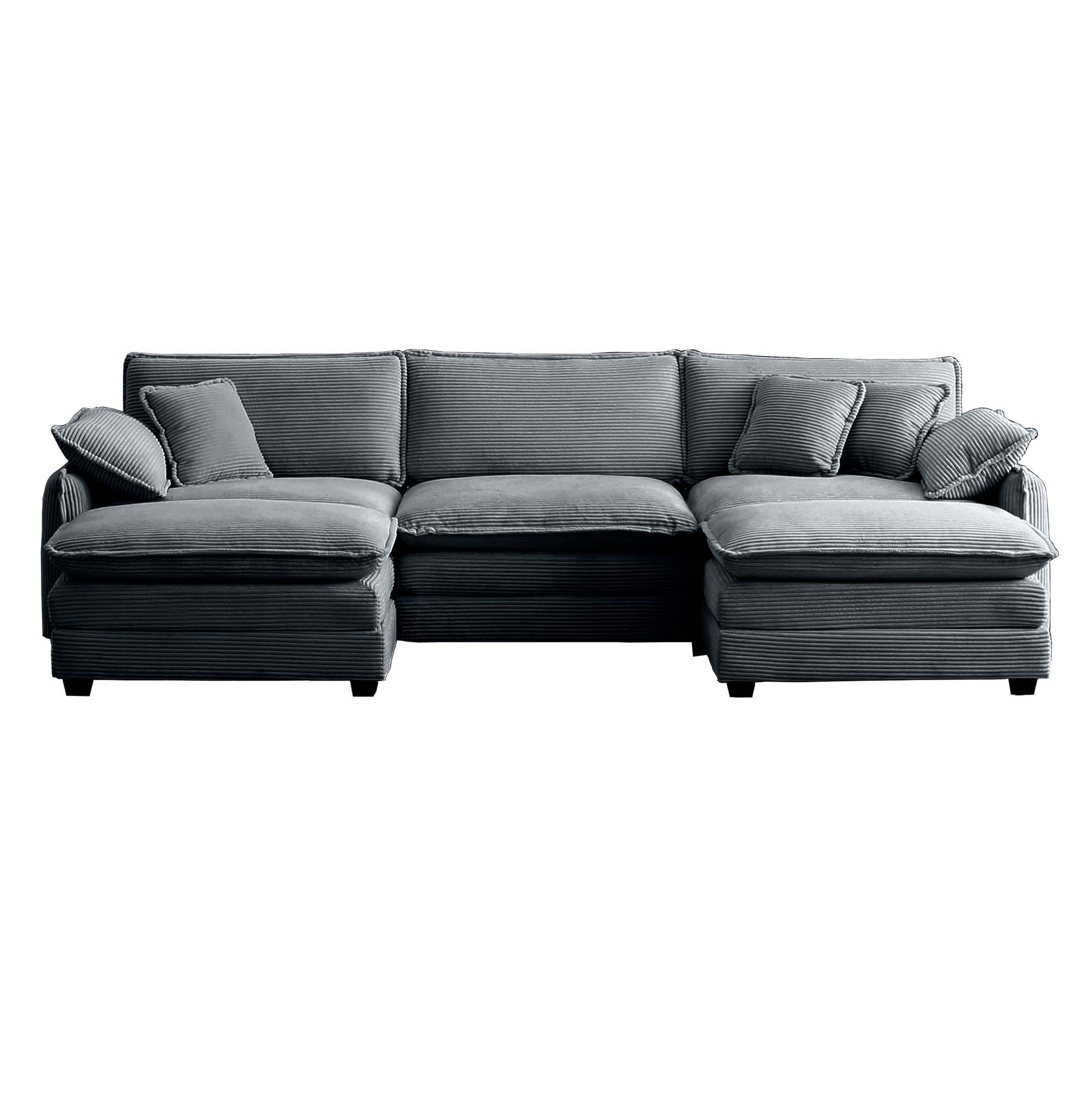 Oversized Modular Cushioned Sofa With Conversible Ottoman, 3 Seater Sofa With 2 Footstools, U Shape Sofa Ingrey Corduroy Fabric Grey Corduroy 3 Seat