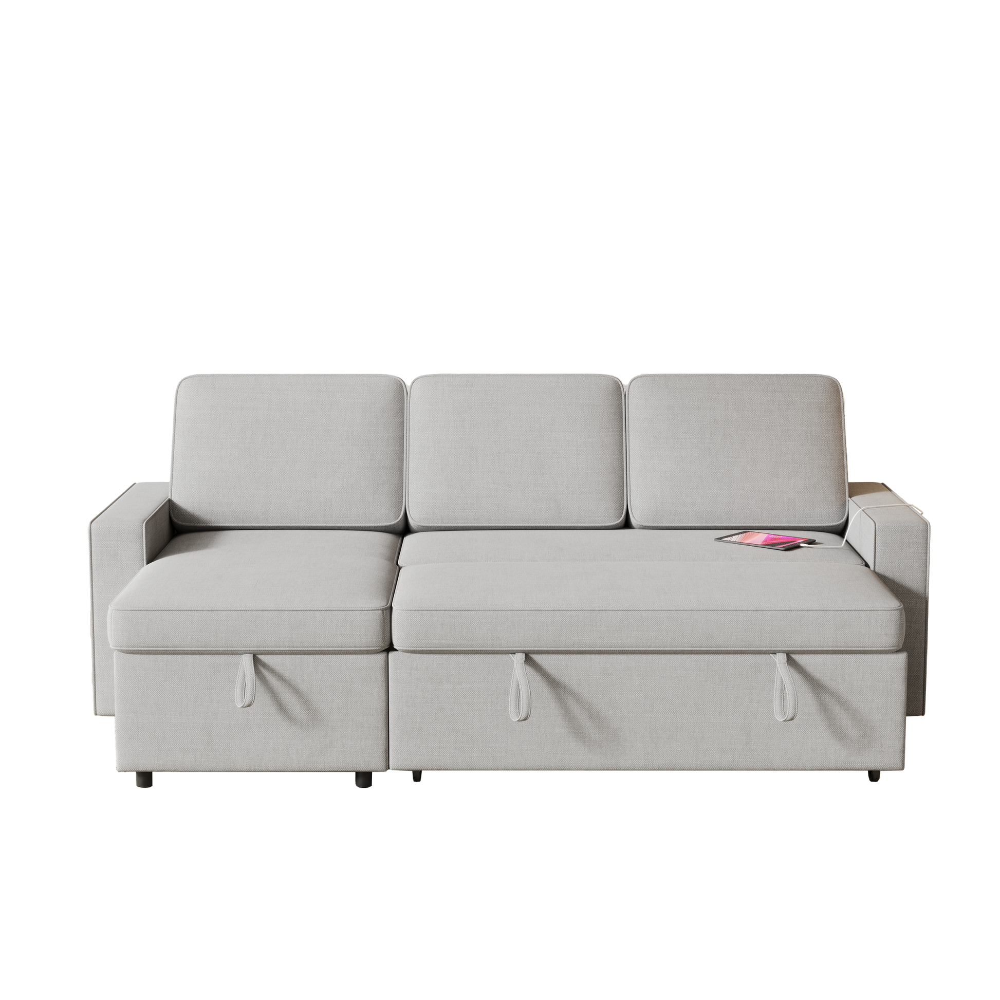 85.8" Pull Out Sleeper Sofa L Shaped Couch Convertible Sofa Bed With Storage Chaise And Storage Racks,With Usb Port And T Pyce Port Light Grey Fabric 3 Seat