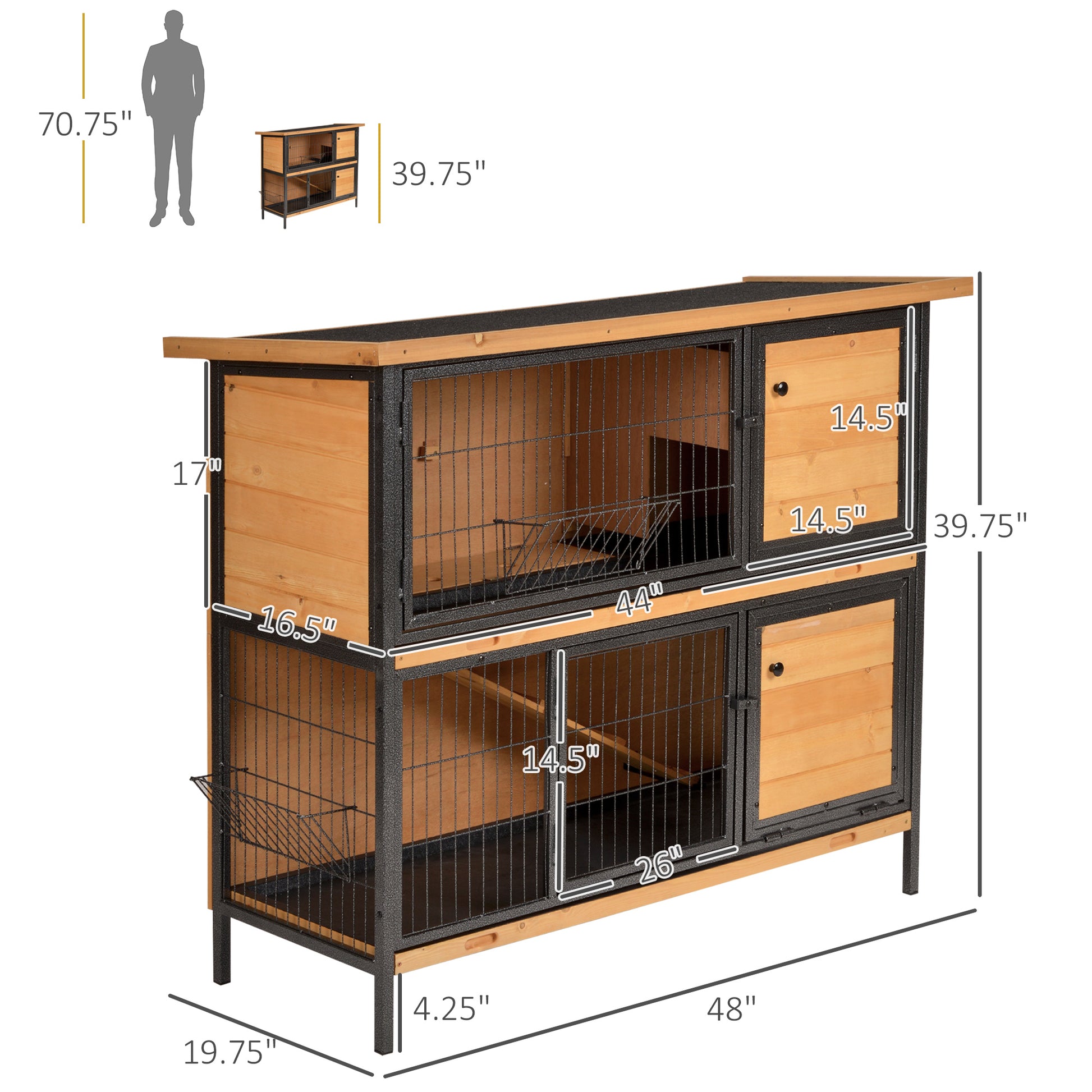 Pawhut 48" 2 Story Large Rabbit Hutch Bunny Cage Wooden Pet House Metal Frame With Individual Room, Ramp, No Leak Tray, Feeding Trough, Waterproof Asphalt Roof For Outdoor Indoor Light Yellow Wood