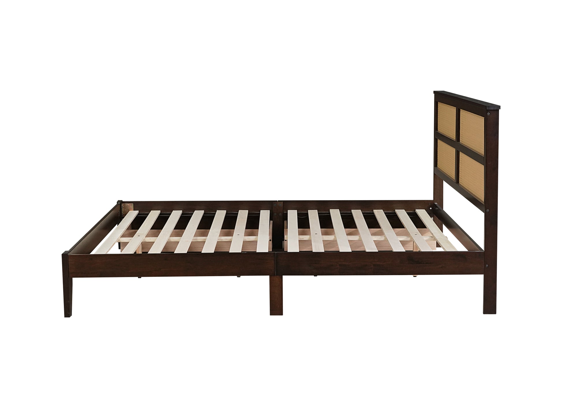 King Size Bed With Rattan Headboard, Two Storage Drawers, Rubber Wood Bed With Enhanced Support Salts And Feet,Espresso King Espresso Rubber Wood