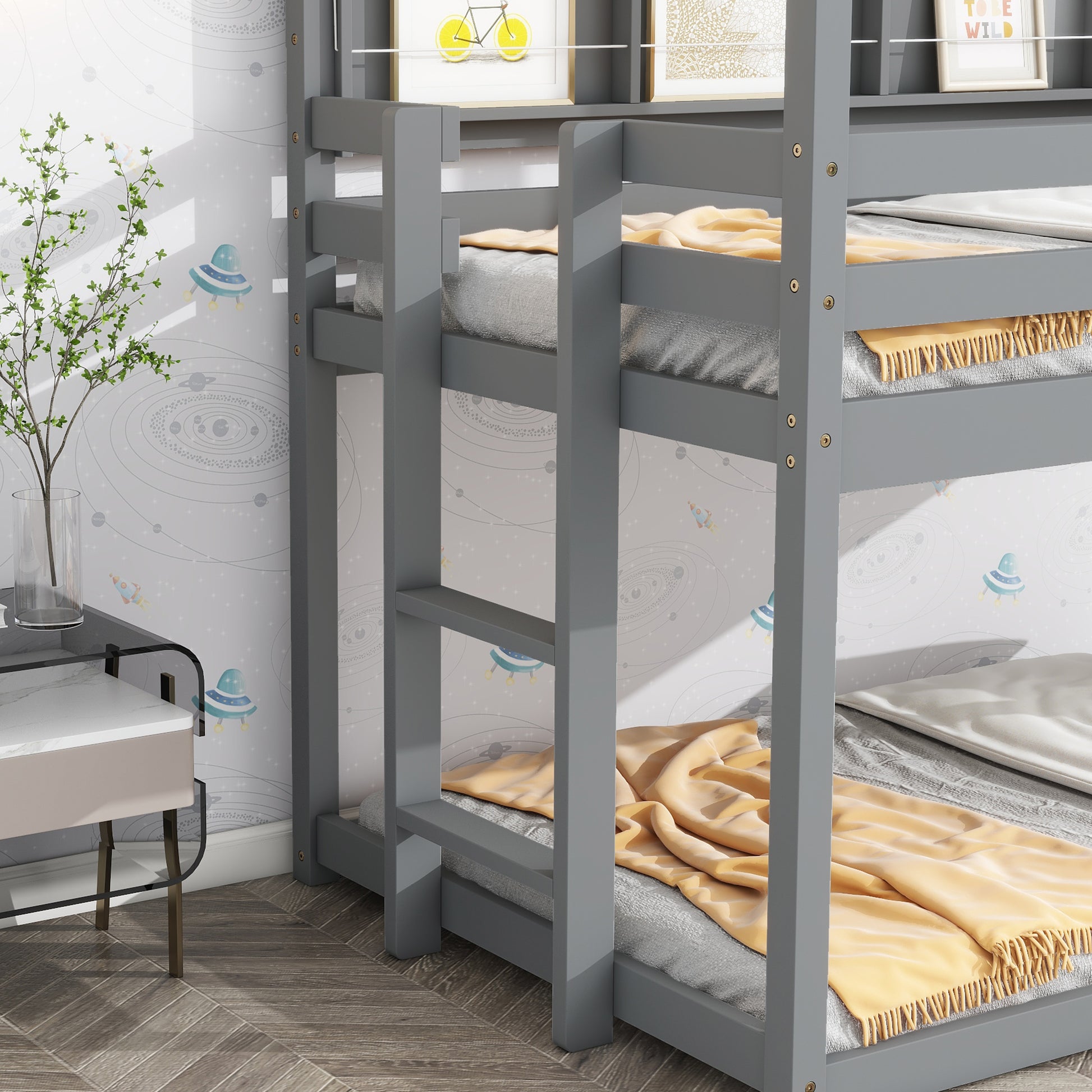 Twin House Loft Bed With Guardrails, Semi Enclosed Roof, Bedside Shelves And Ladder, Grey Twin Gray Bedroom American Design Pine Pine